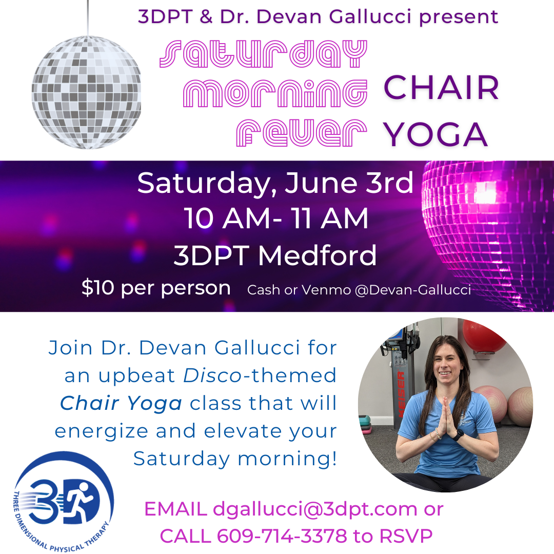 Disco themed chair yoga at 3DPT Medford on June 3, 2023