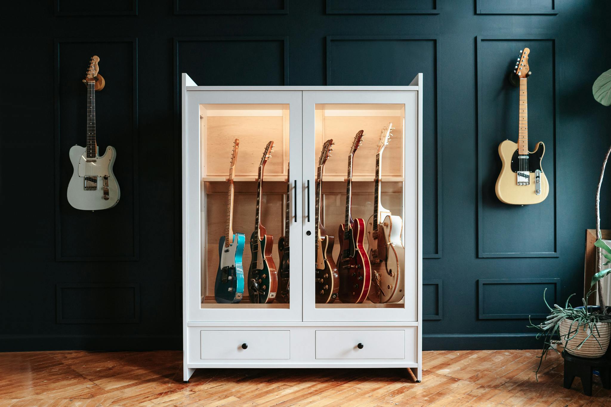 hyla guitar wall mounts and guitar humidifier display cabinet from american music furniture