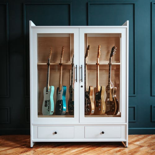 custom white maple guitar cabinet music room