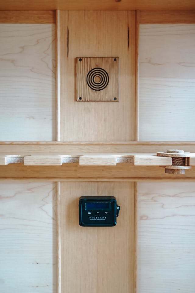 oak whitewash and maple guitar display case with brass hardware