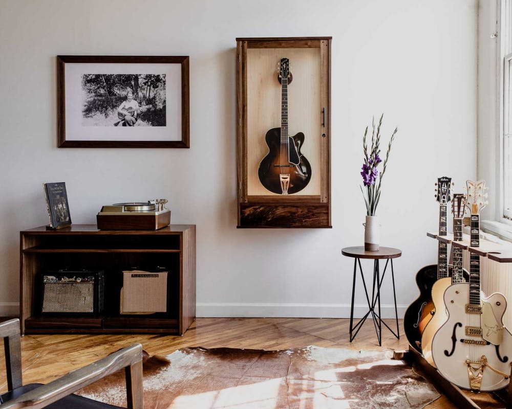 music room studio and guitar room record storage cabinet and wooden guitar stand by american music furniture