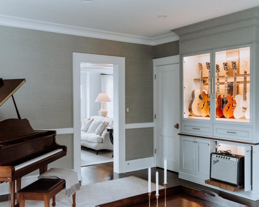 music room design custom built in guitar cabinet crafted by american music furniture