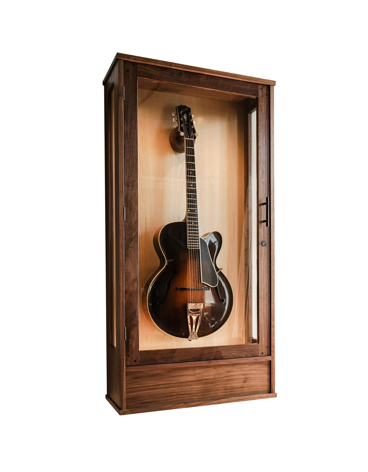 walnut and maple wall mount guitar hanger climate controlled cabinet showcase