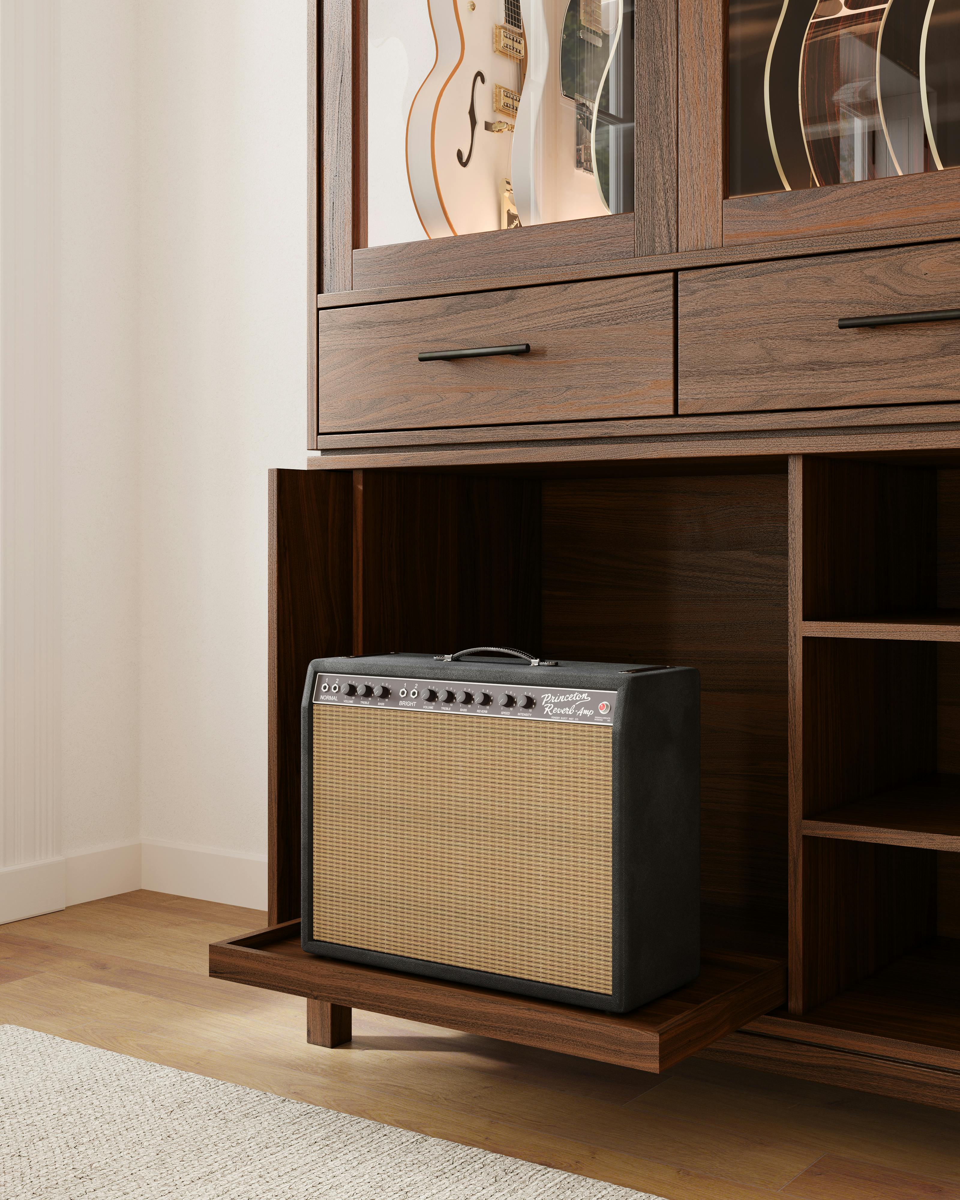 guitar estate amplifier cabinet and humidified storage case in music room by american music furniture