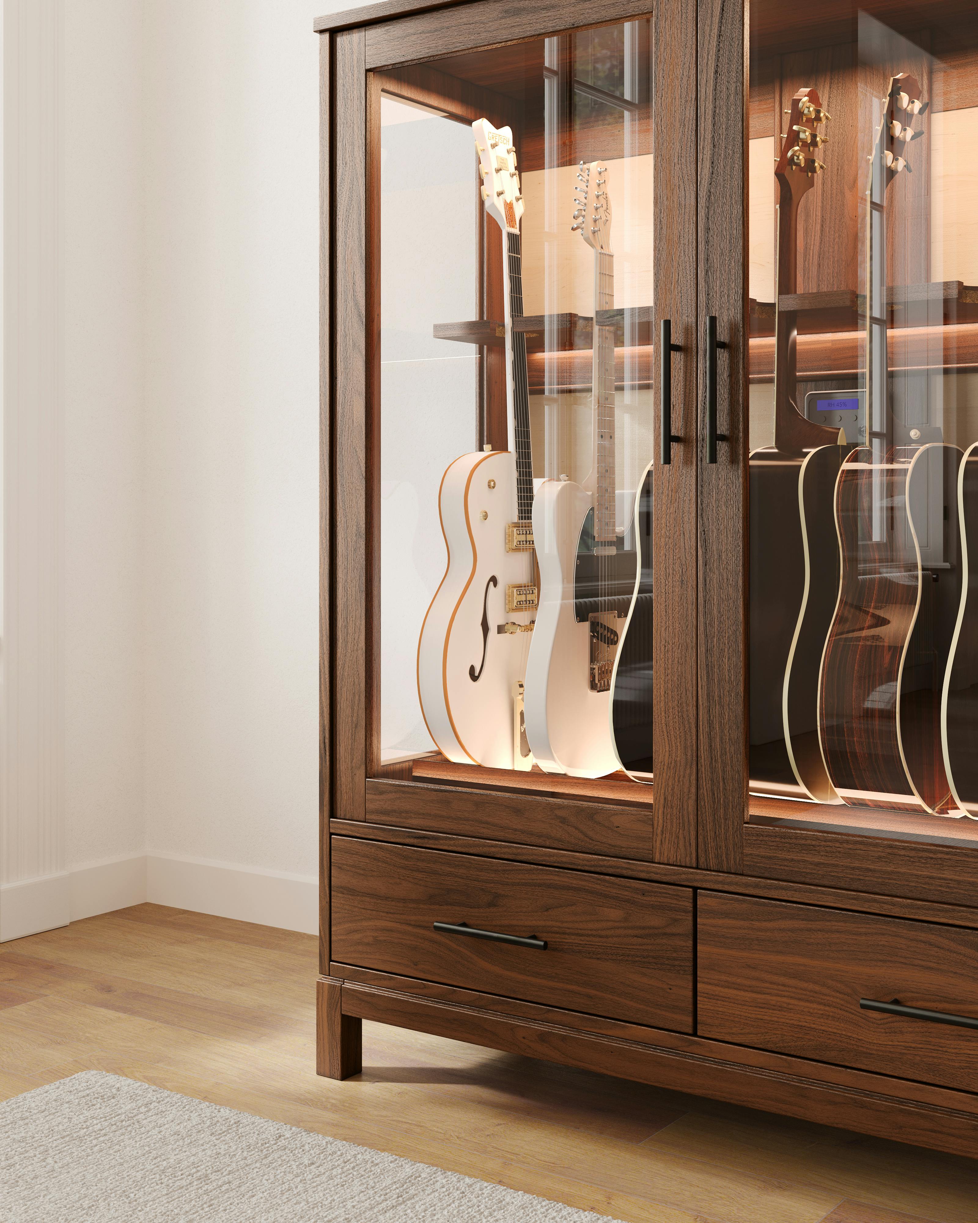 acoustic and electric guitar habitat humidifier storage cabinet display