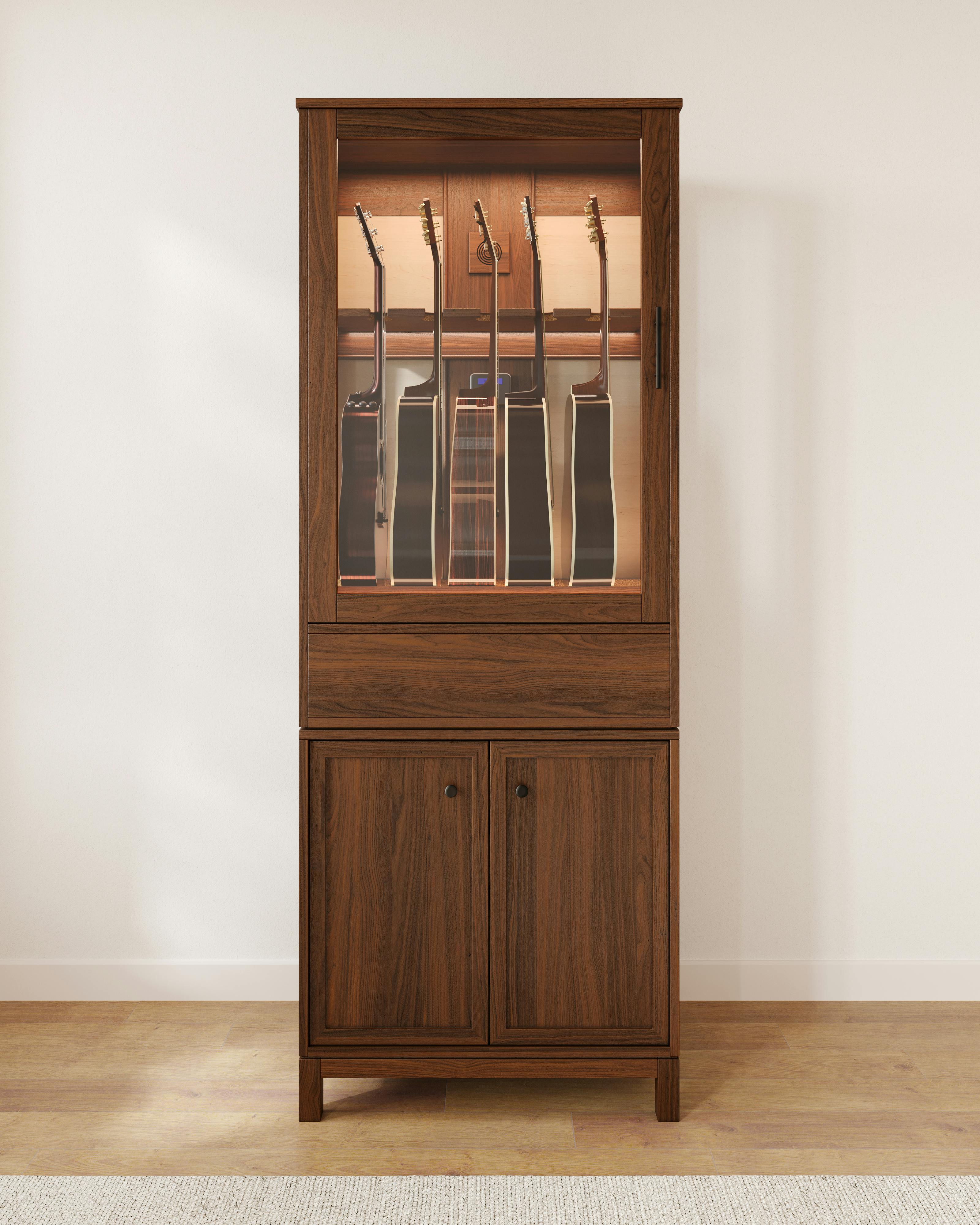 small walnut acoustic guitar display cabinet and music gear accessory storage by american music furniture