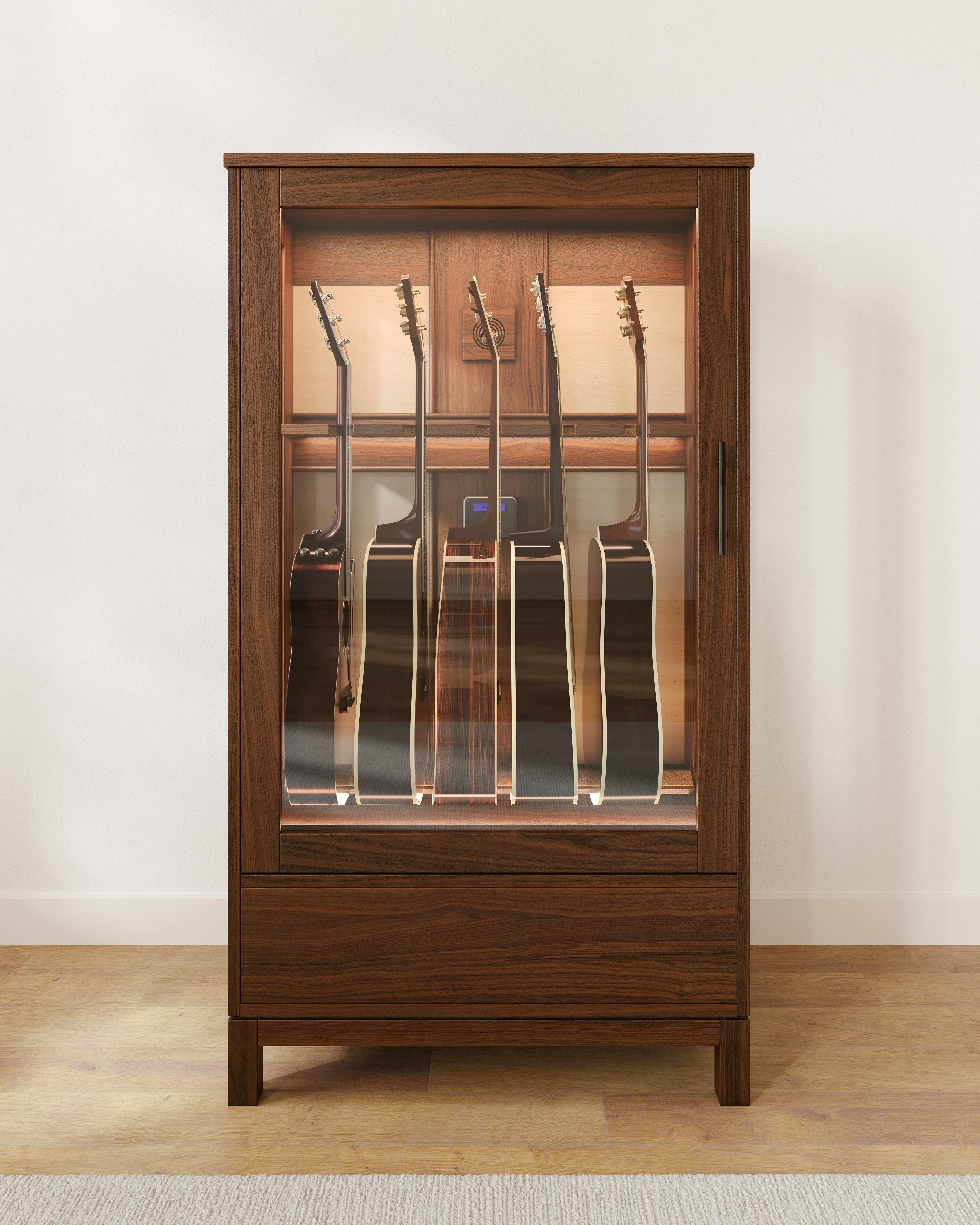 music room acoustic guitar display case cabinet with humidor by american music furniture