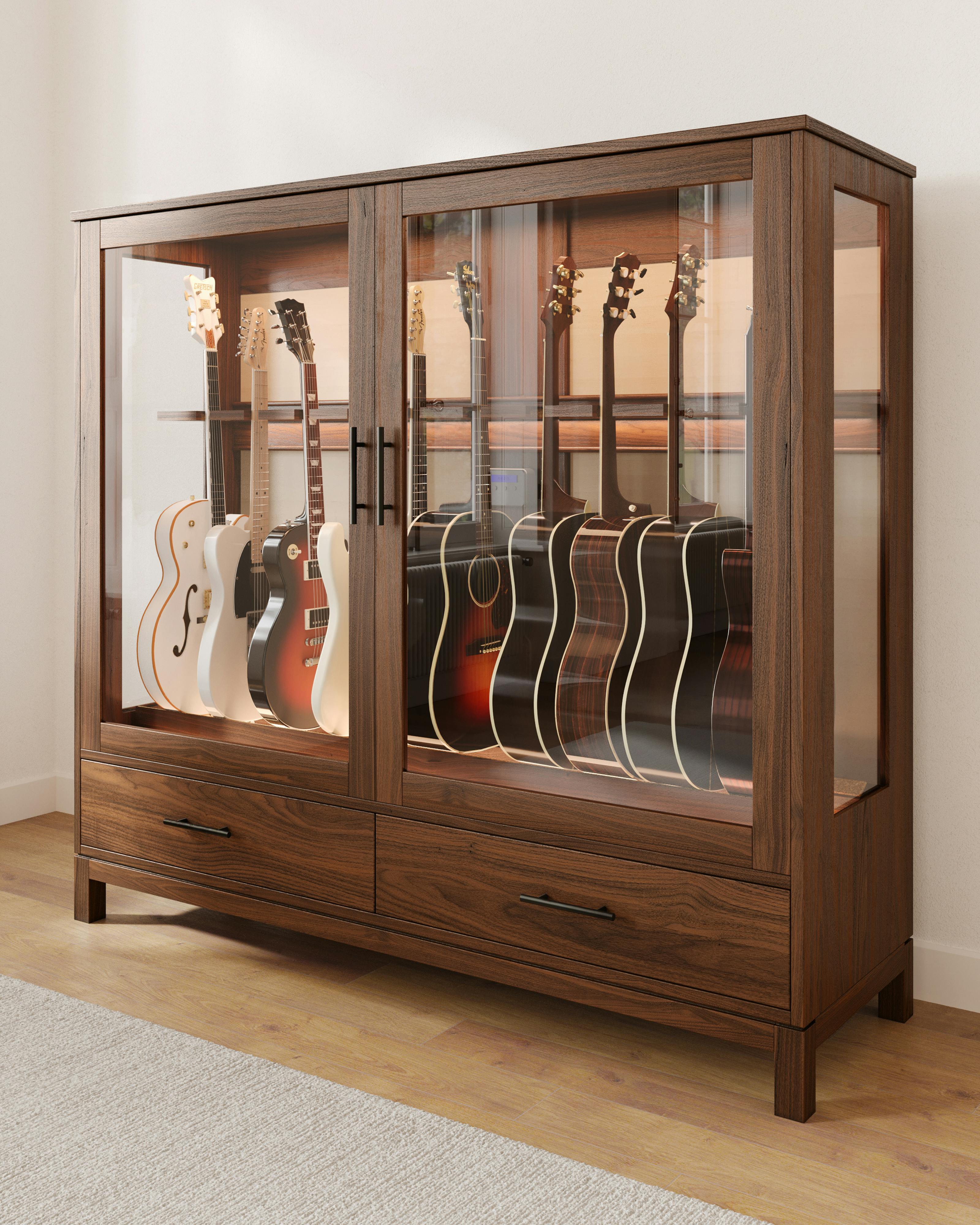 american music furniture guitar case humidor cabinet display in walnut
