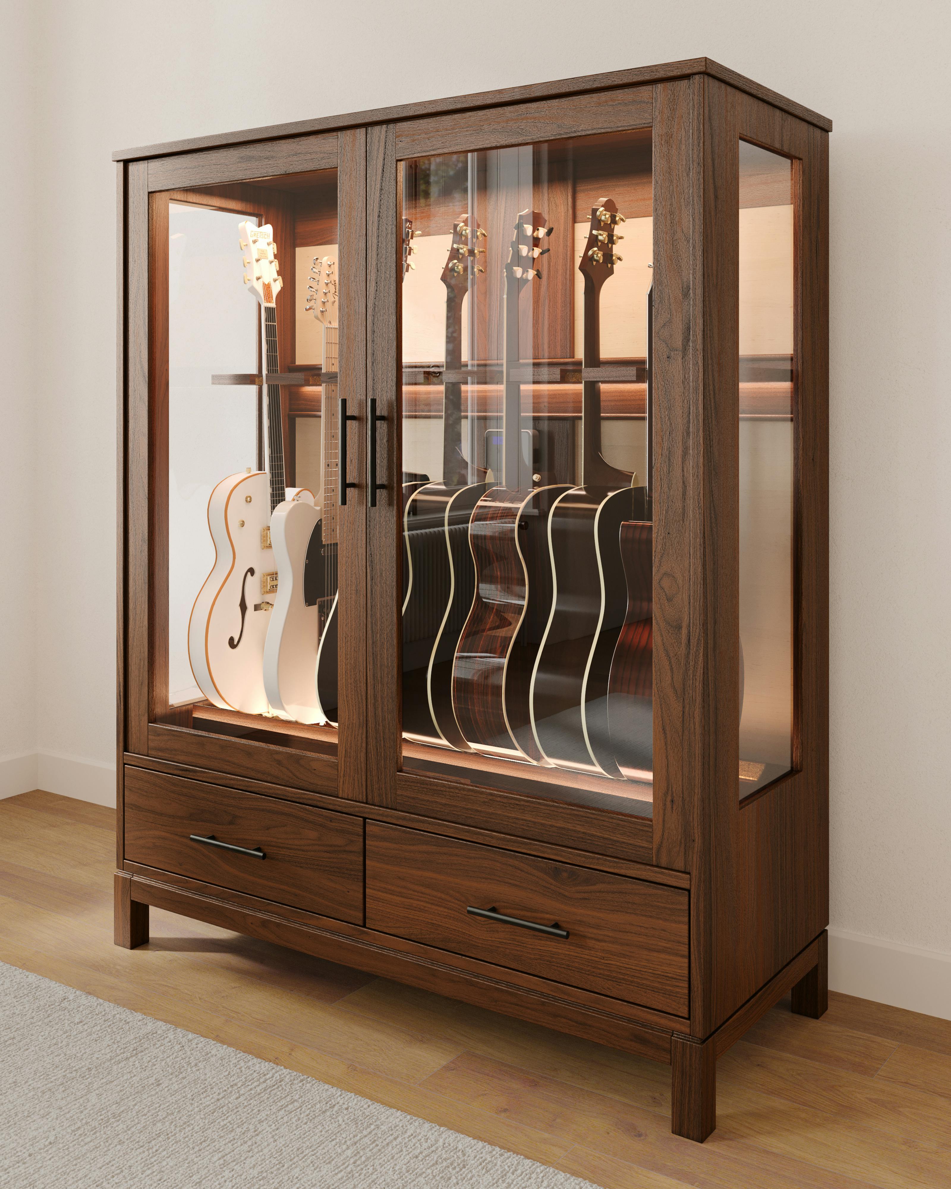 electric and acoustic guitar humidifier display case by american music furniture