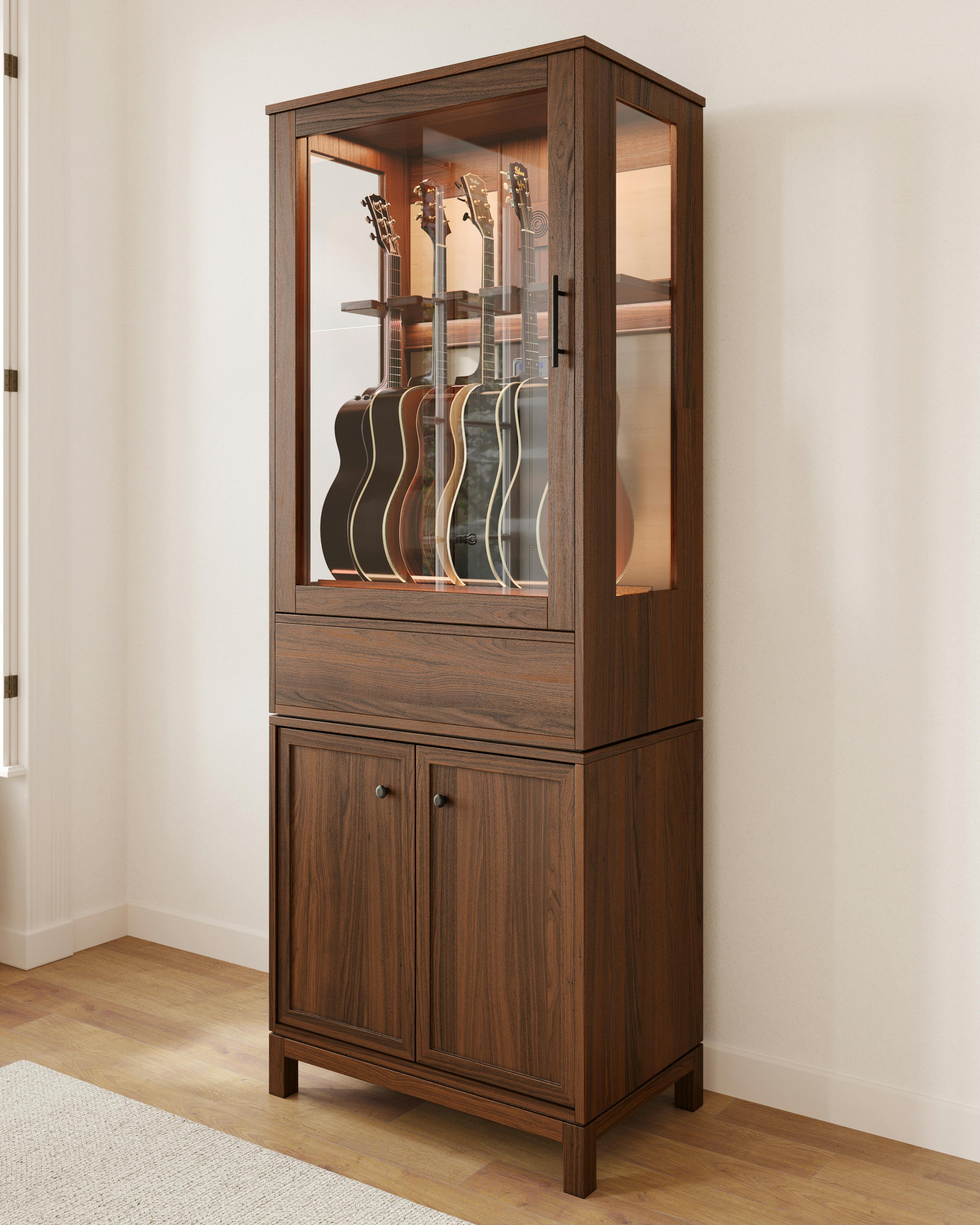 american music furniture climate controlled guitar cabinet display with music gear storage