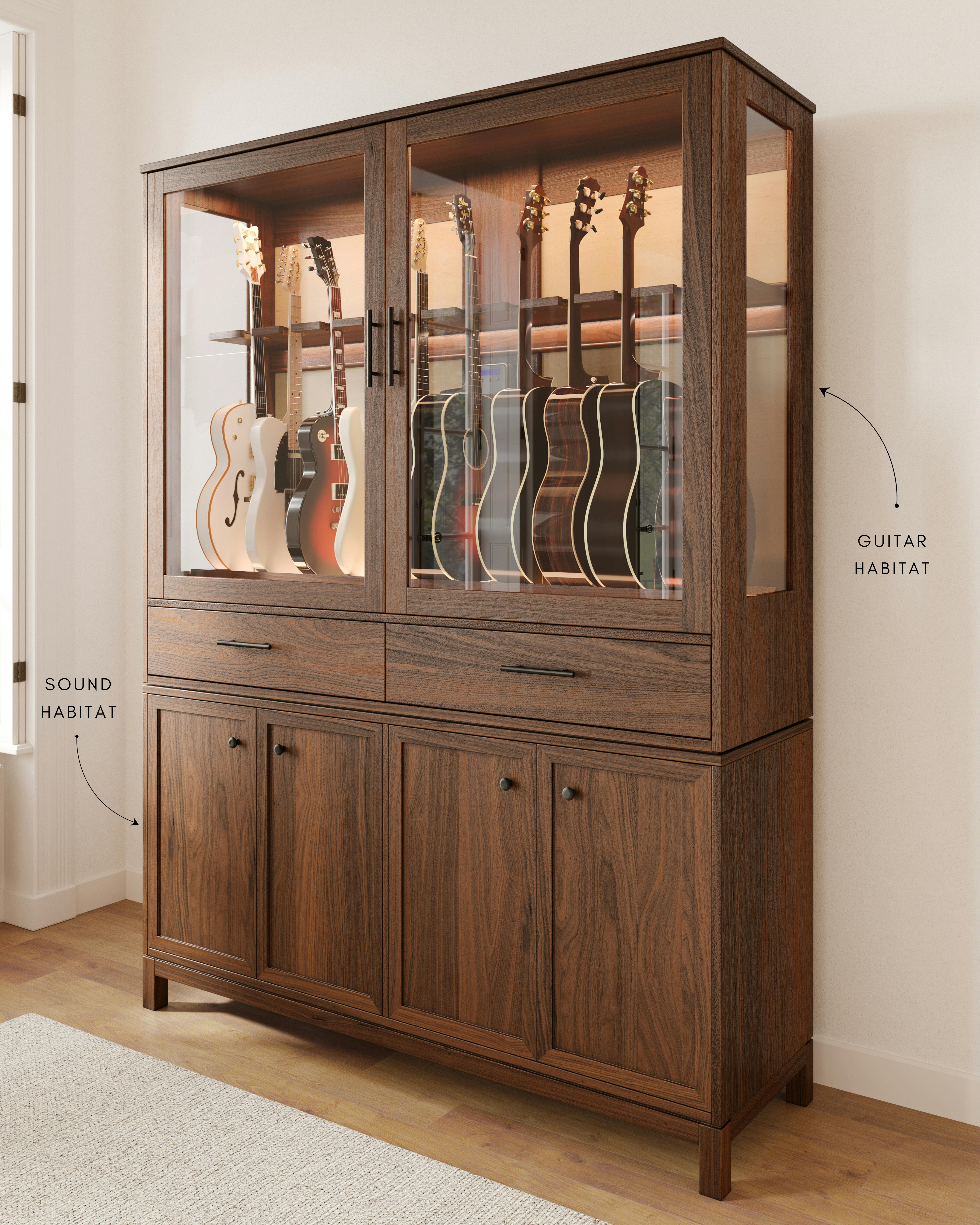 music room interior design decor media cabinet with record storage guitar pedal boards guitar amp stands and guitar storage by american music furniture
