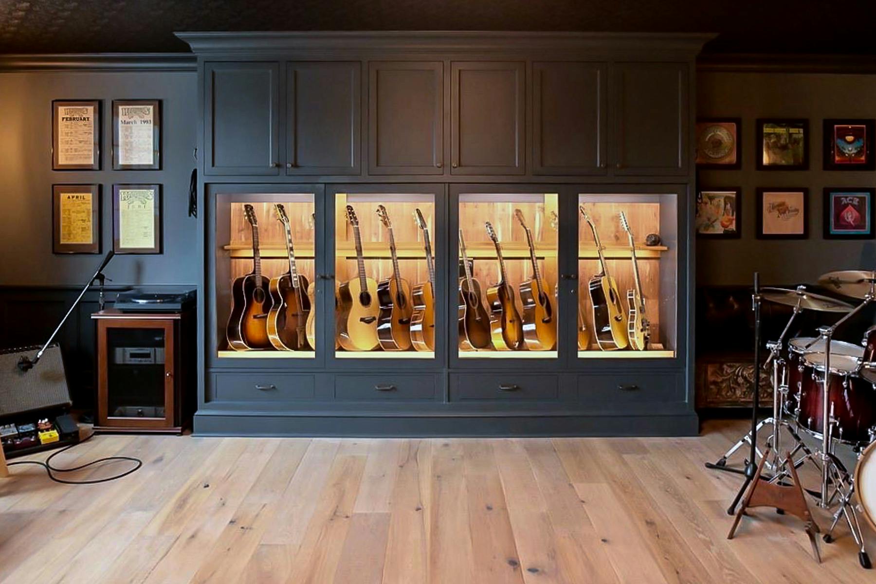 music studio custom built-in guitar display humidified by american music furniture