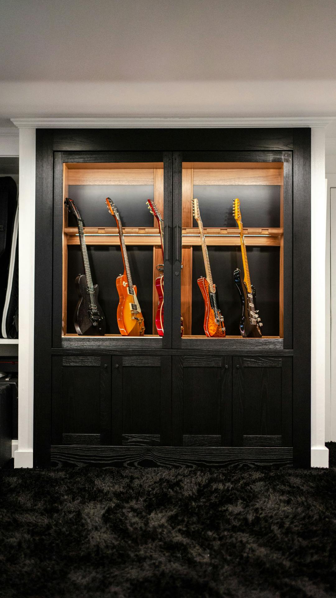 custom black ash humidified guitar display cabinet built-in by american music furniture