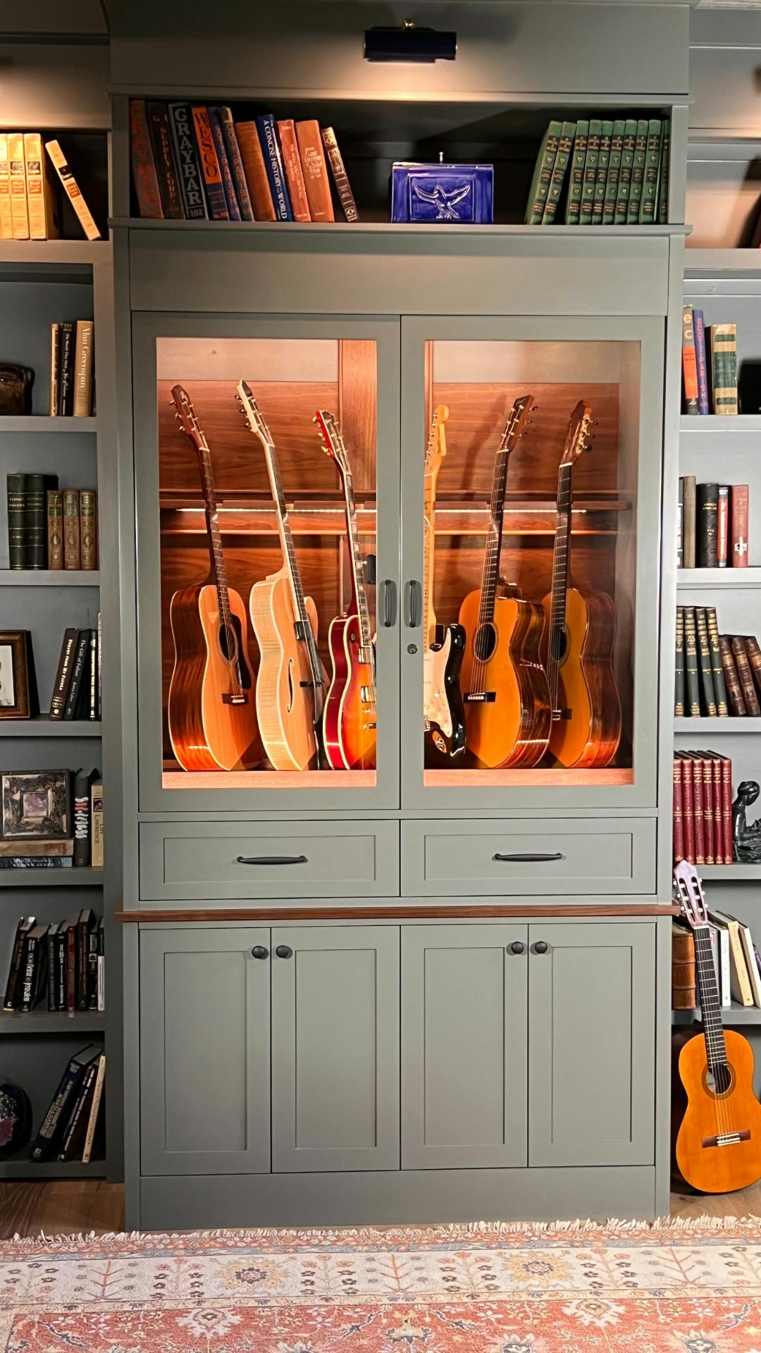 custom gray humidified guitar display cabinet built-in by american music furniture