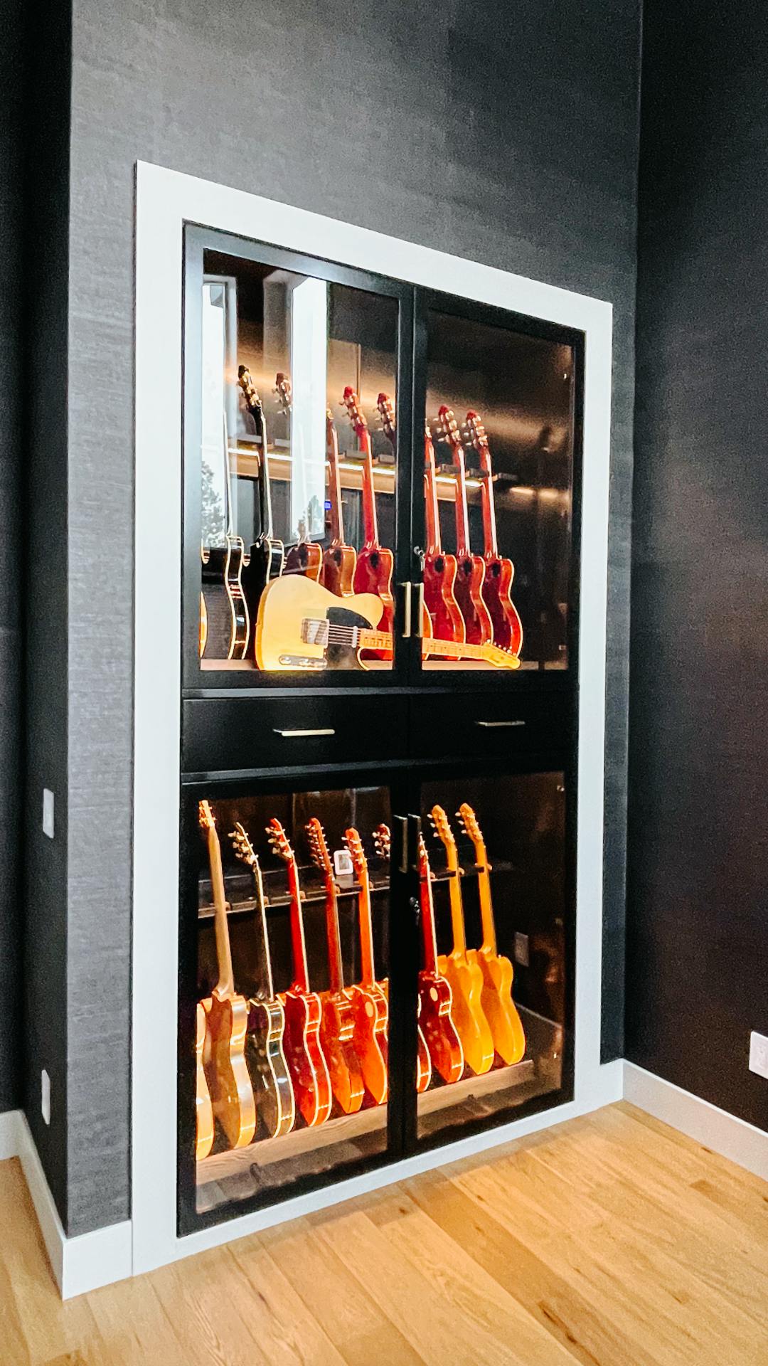 custom double decker humidified guitar cabinet built-in by american music furniture