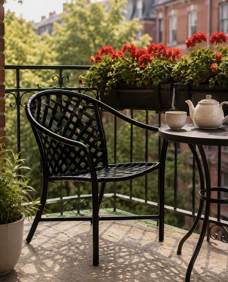 black chair on balcony with tea