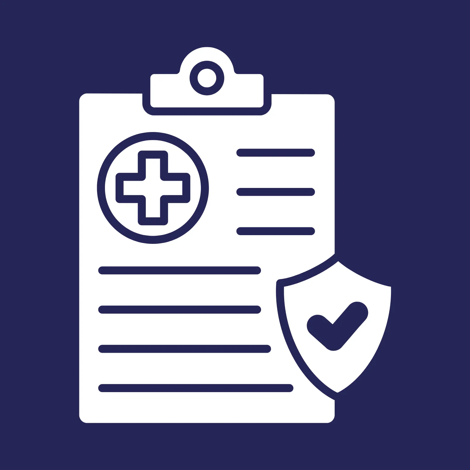 White icon of a medical clipboard with a cross symbol and a shield with a check mark, on a dark blue background.