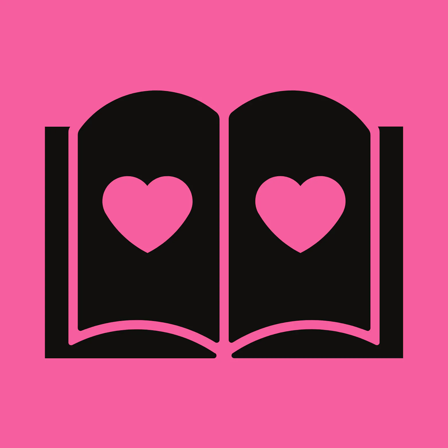 Solid black open book icon with a heart on each page, set against a bright pink background.