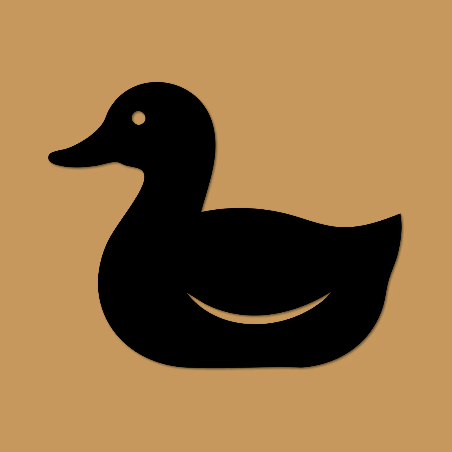 Black duck silhouette icon facing left on a tan background, with a small circular eye and a curved cutout suggesting a wing.