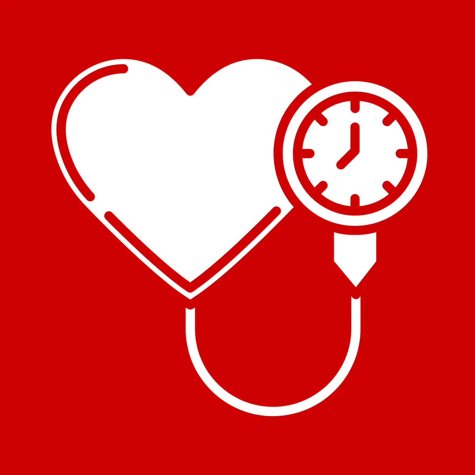 White heart-shaped blood pressure cuff with a gauge on a red background.