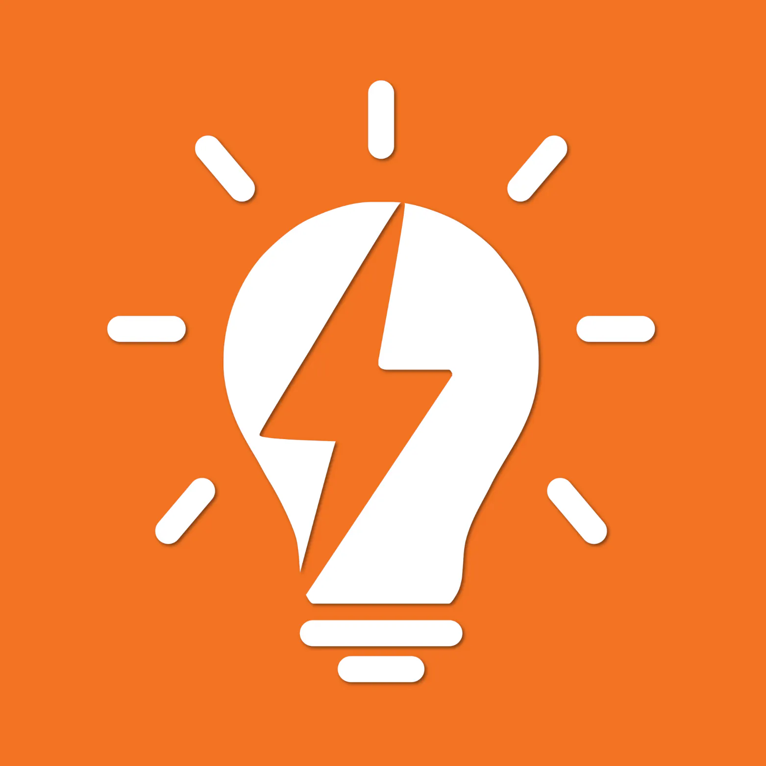 White icon of a light bulb with a lightning bolt inside and rays around it, on an orange background.