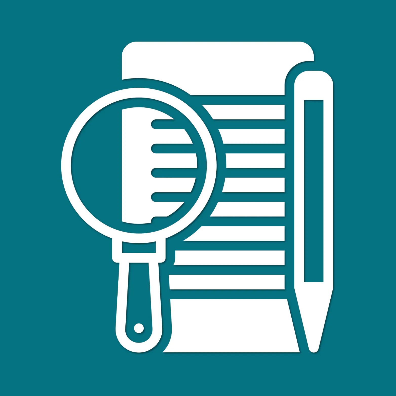 White icon of a magnifying glass over a document with a pen beside it, on a dark teal background.