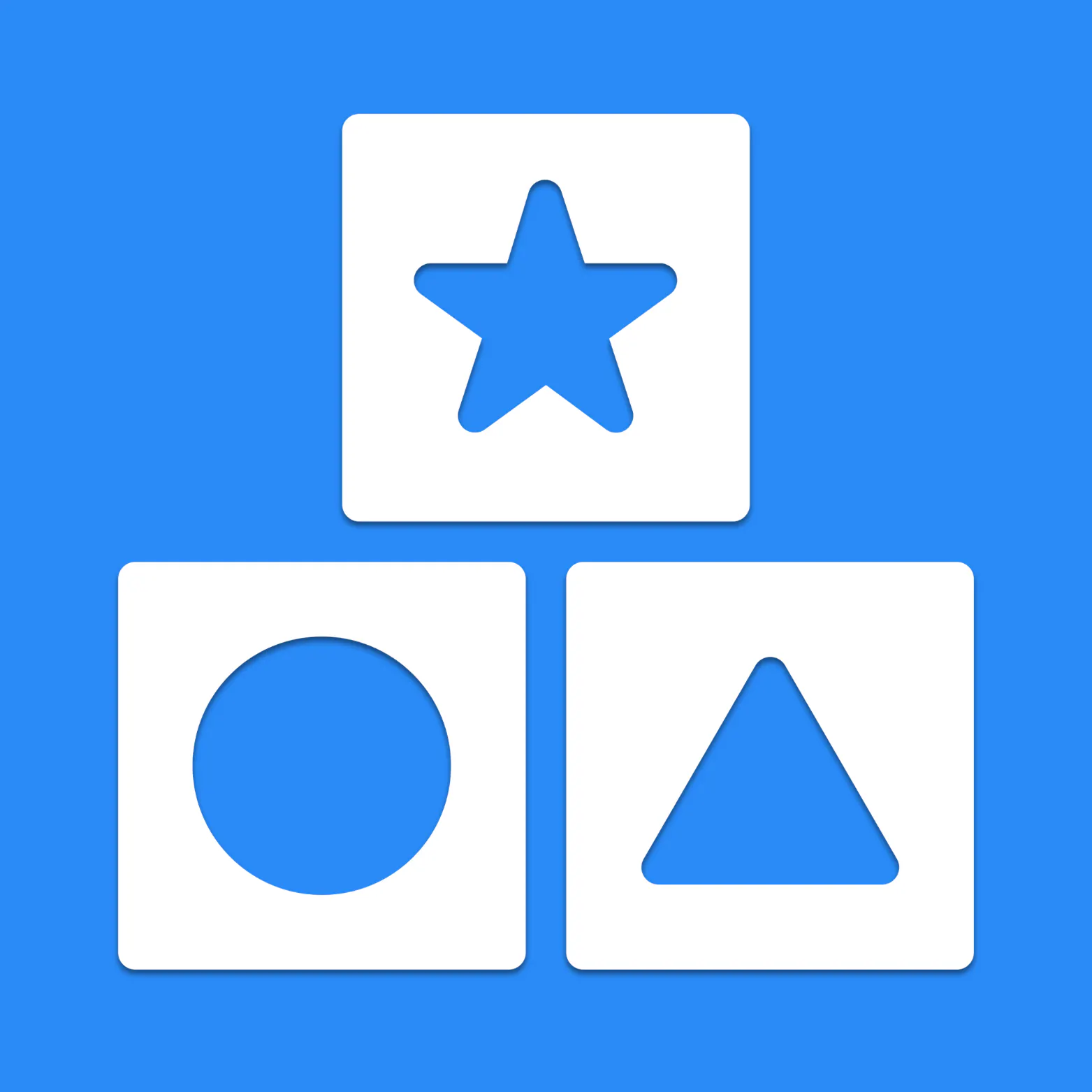 Blue icons of a star, circle, and triangle inside white square tiles, on a bright blue background.