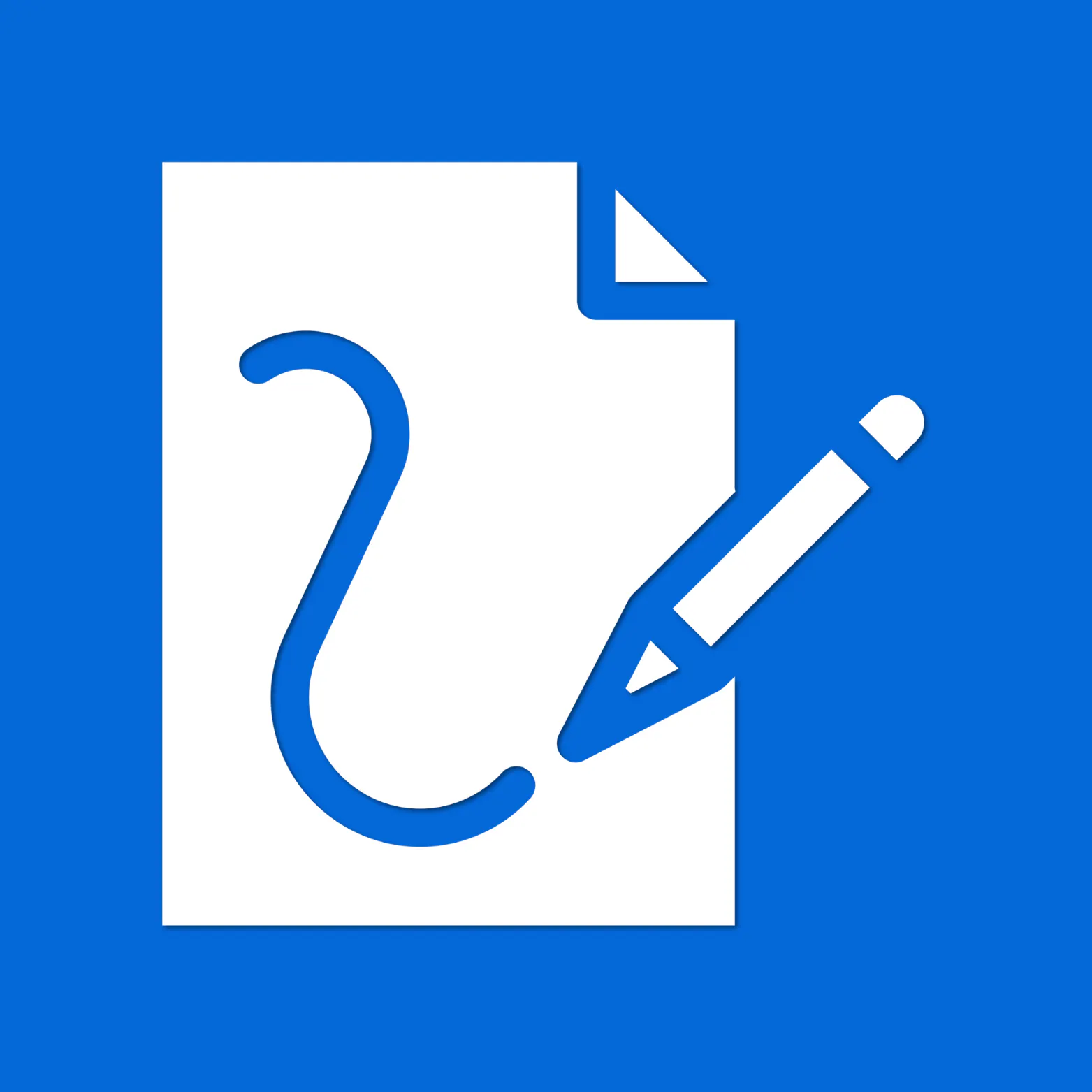 White icon of a sheet of paper with a curved line being drawn by a pencil, on a blue background.
