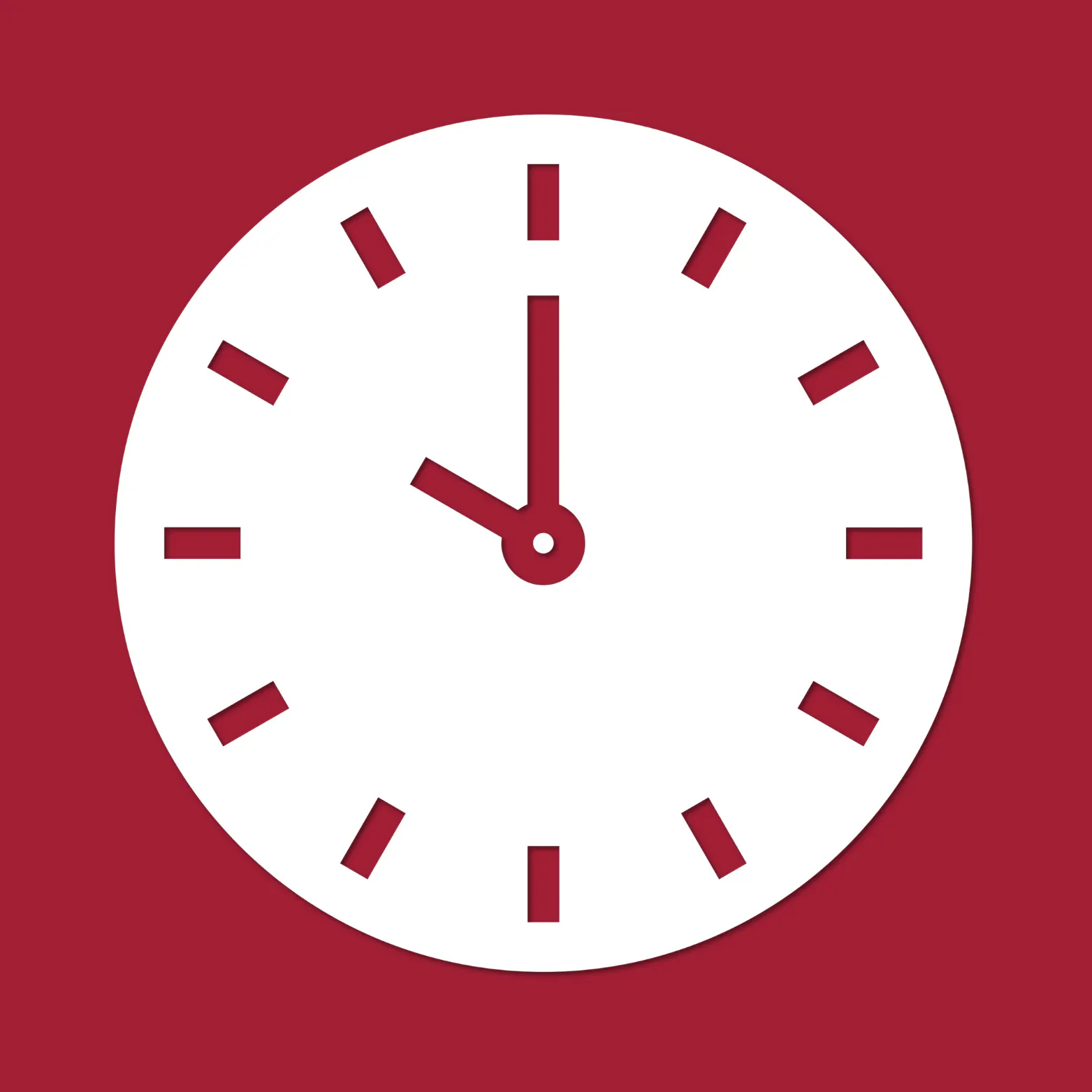 White clock icon with hands pointing to 10:00, on a red background.