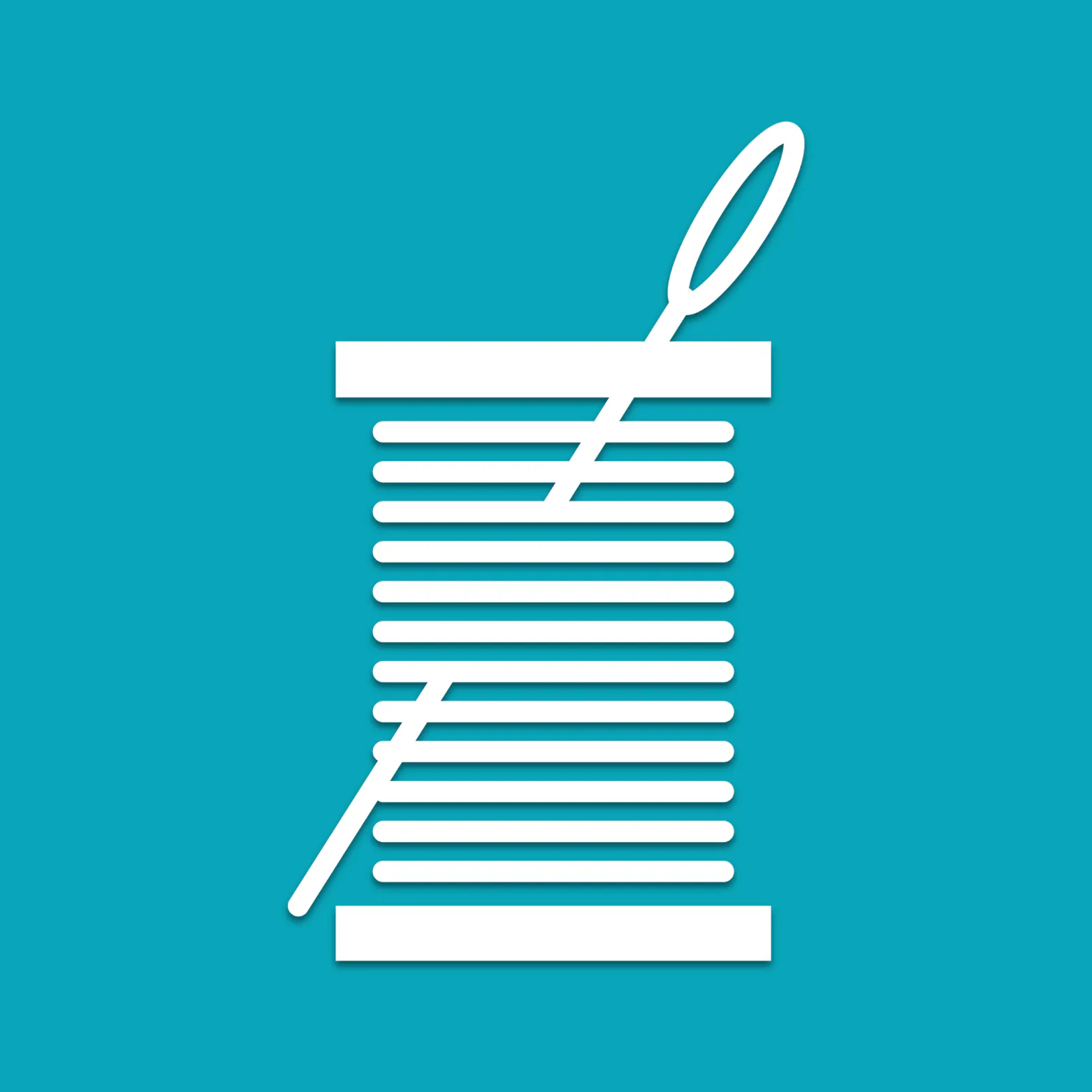 White icon of a spool of thread with a needle angled across it, on a teal blue background.