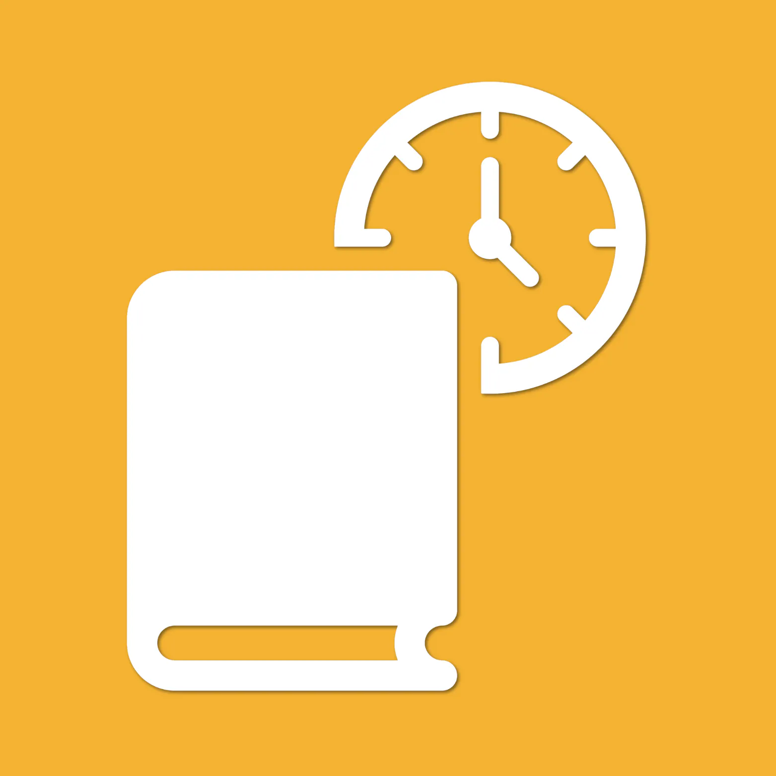 White icon of a book with a clock above it, on a golden yellow background.