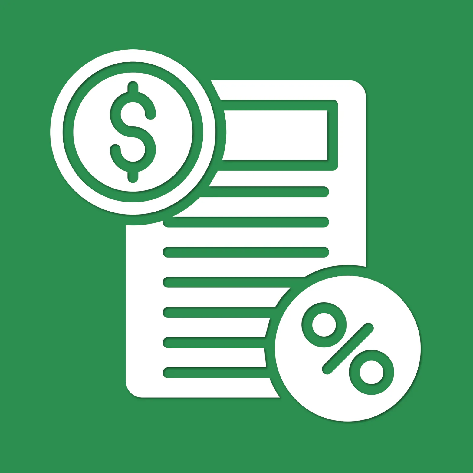 White icon of a document with a dollar sign and a percent symbol, on a green background.