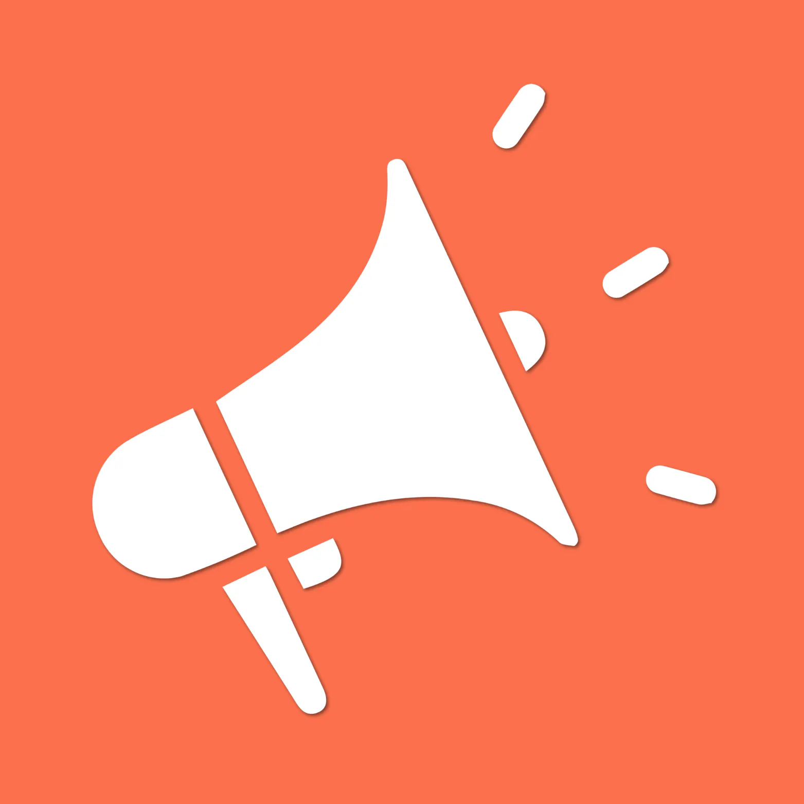 White megaphone icon with sound lines, on a coral background.