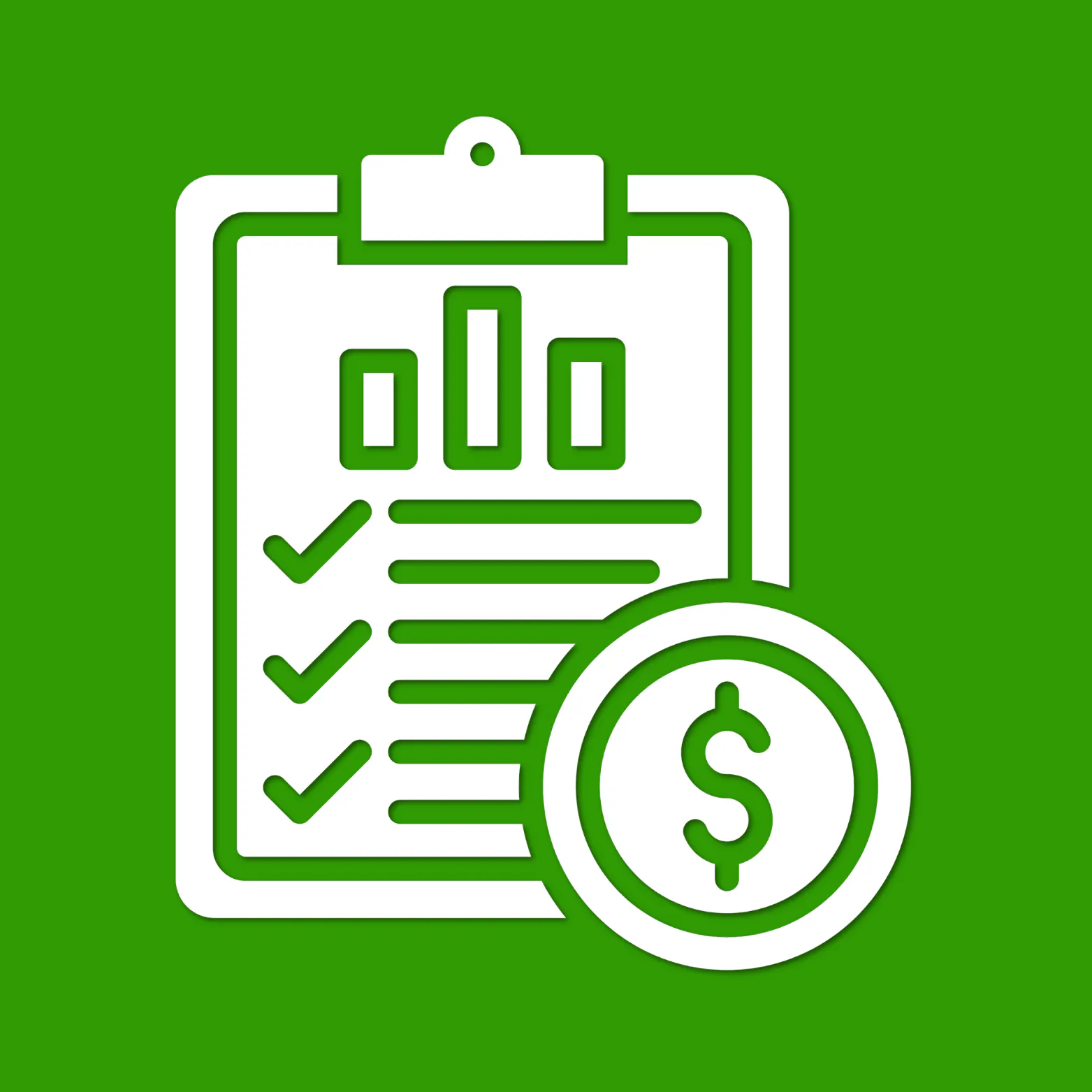 White icon of a clipboard checklist with a bar chart and a dollar sign coin, on a green background.