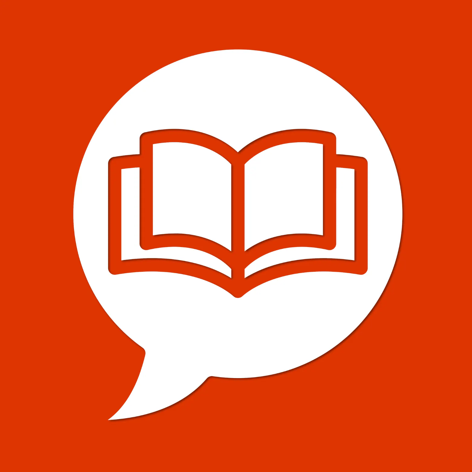 White speech bubble on an orange background, containing an orange outline icon of an open book.