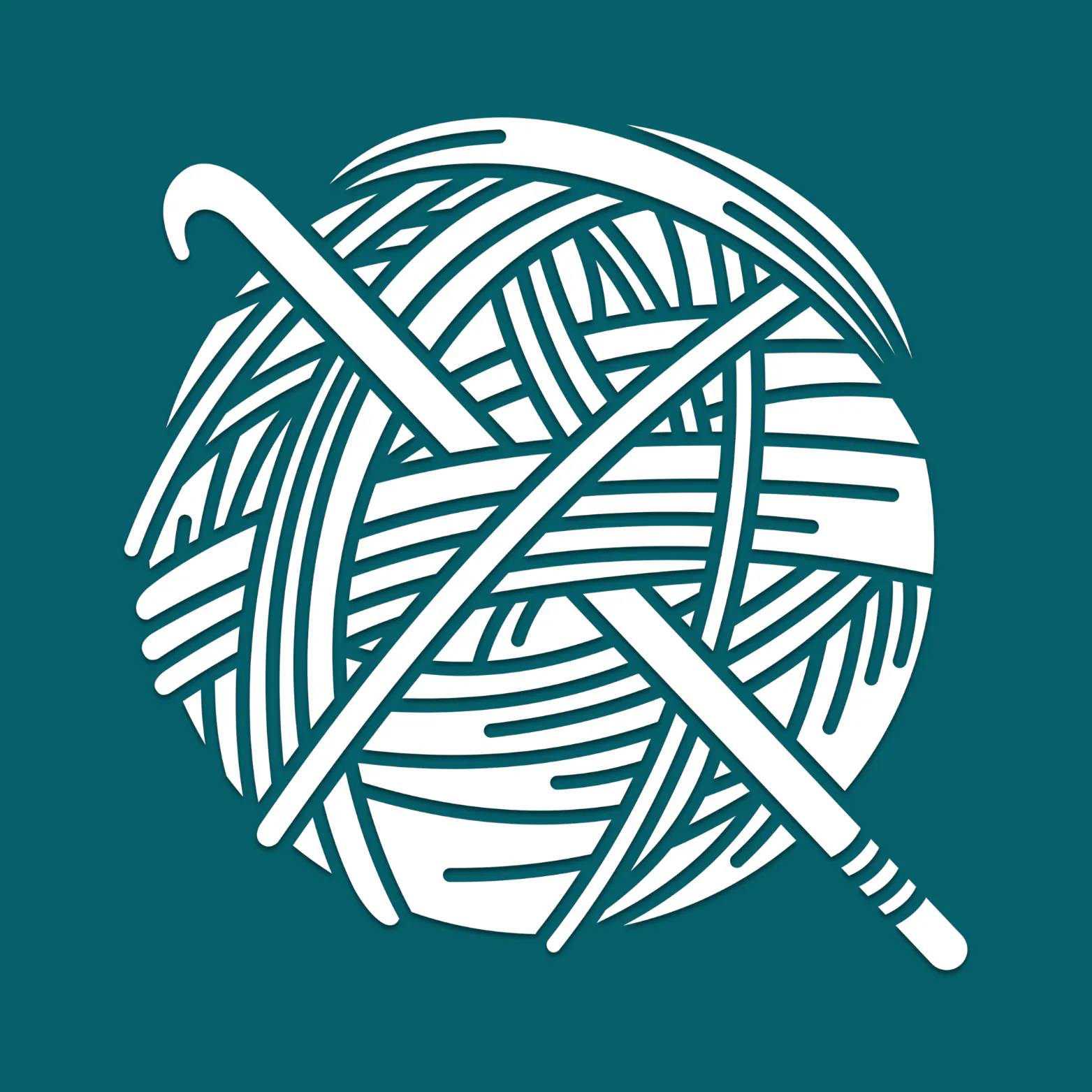 White icon of a ball of yarn with a crochet hook across it, on a dark teal background.