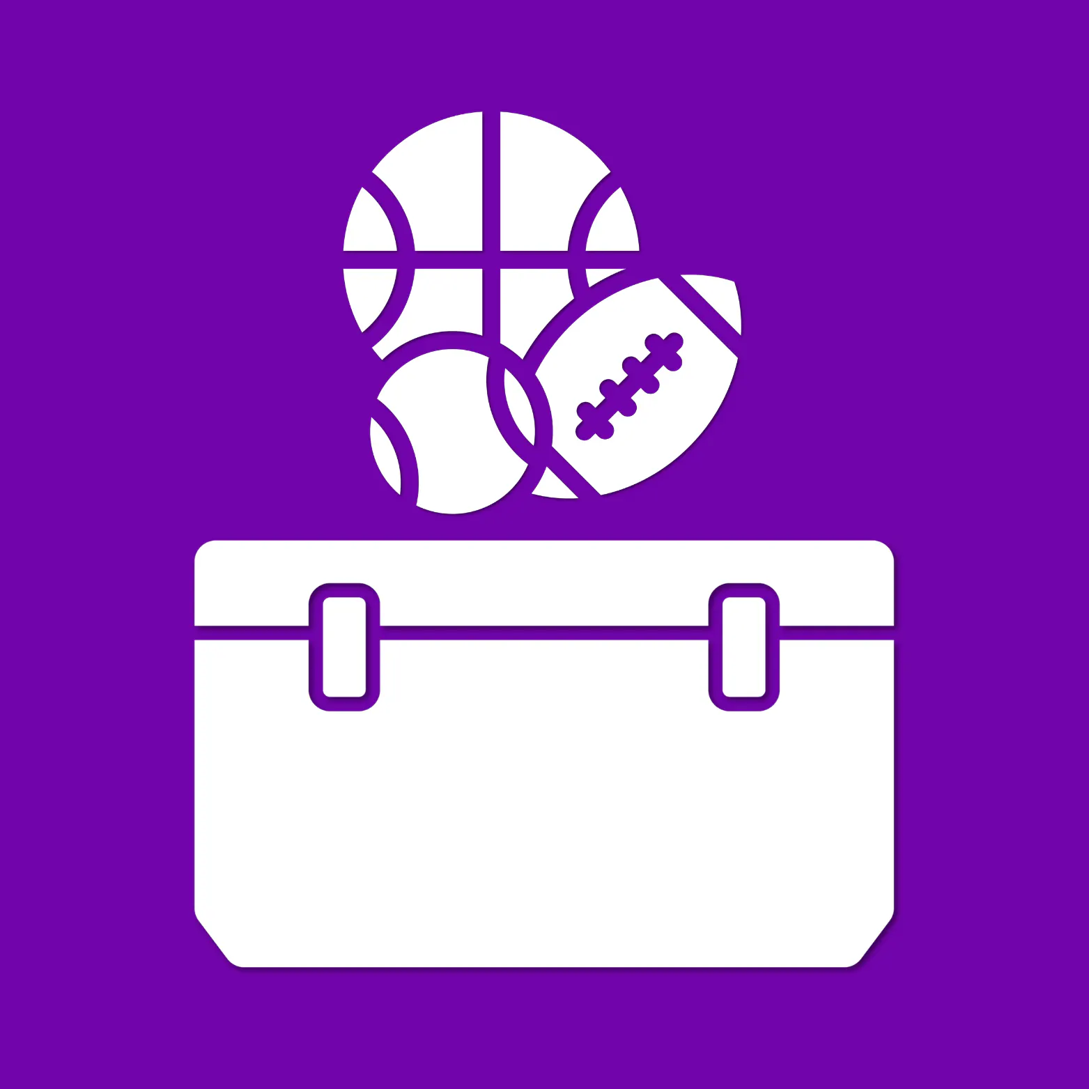 White icon of a toolbox with sports balls above it (basketball, baseball, and football), on a purple background.