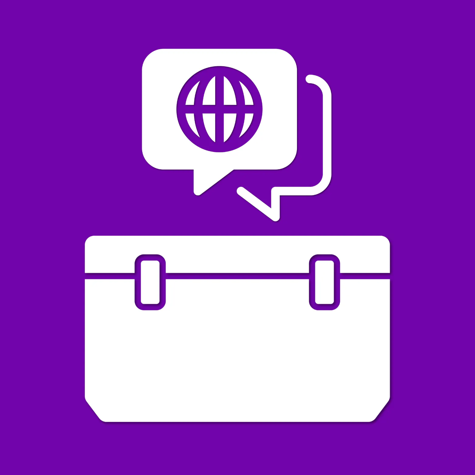 White icon of a toolbox with speech bubbles above it, including a globe symbol, on a purple background.