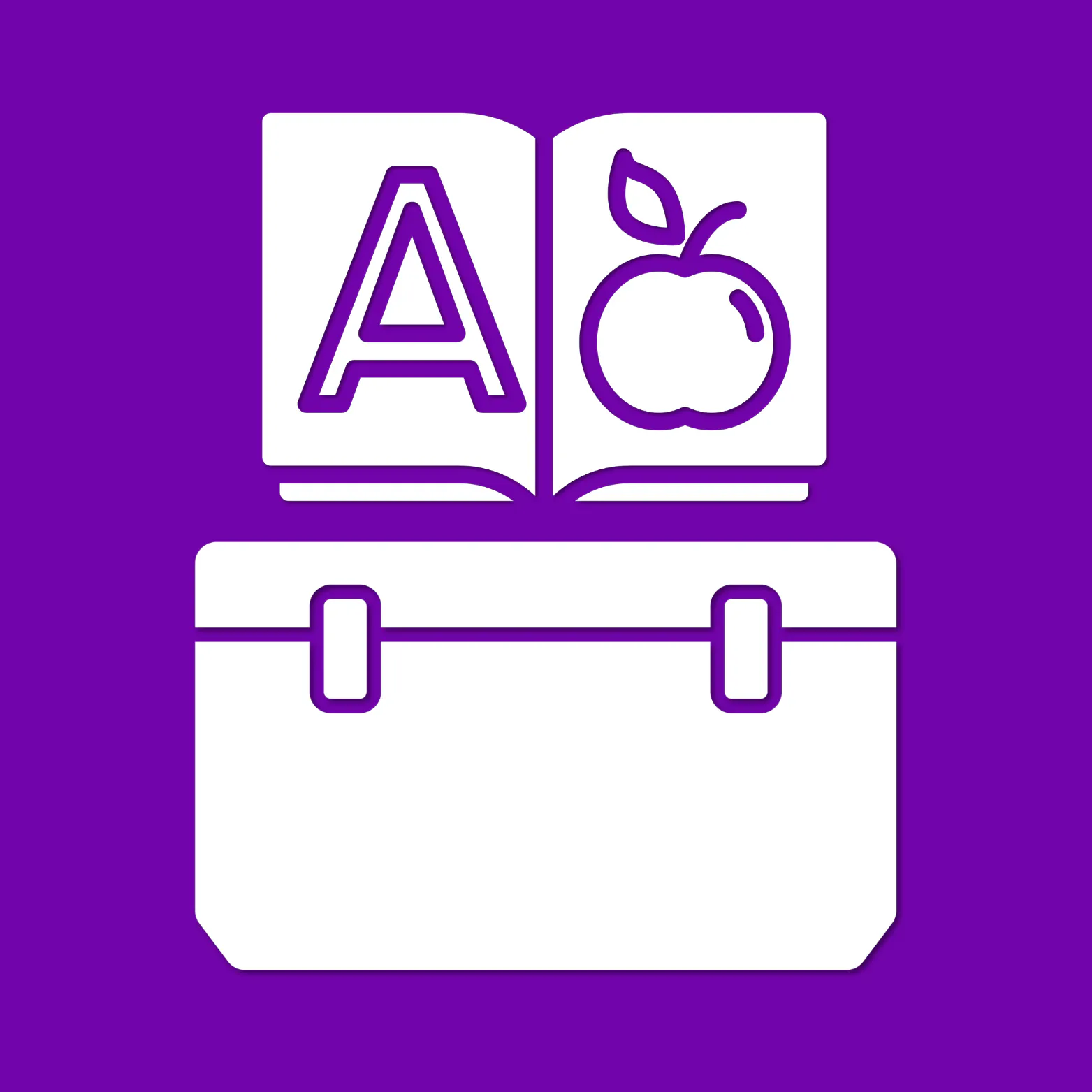 White icon of an open book with an “A” and an apple above a toolbox, on a purple background.