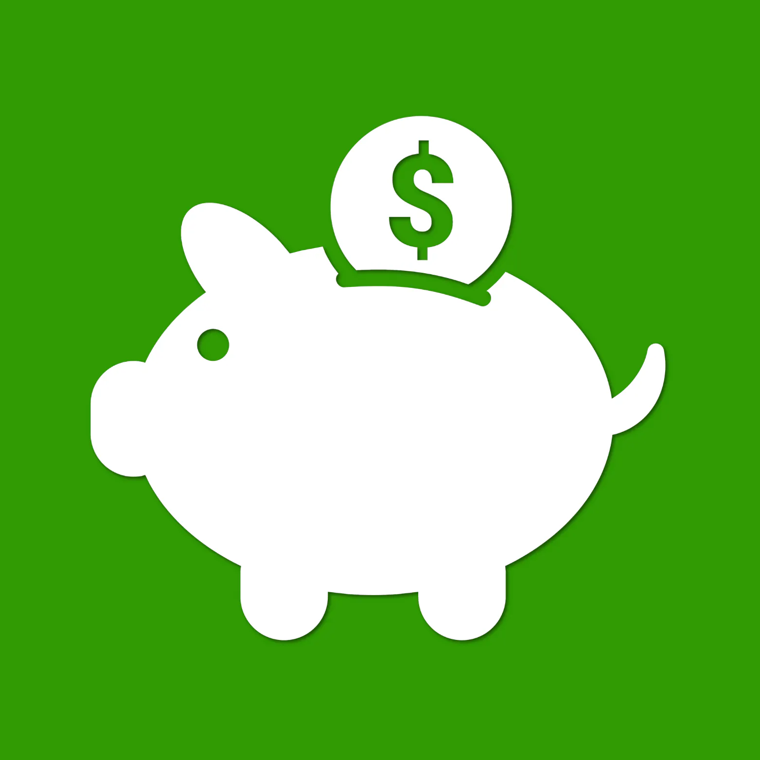 White piggy bank icon with a dollar sign coin, on a green background.
