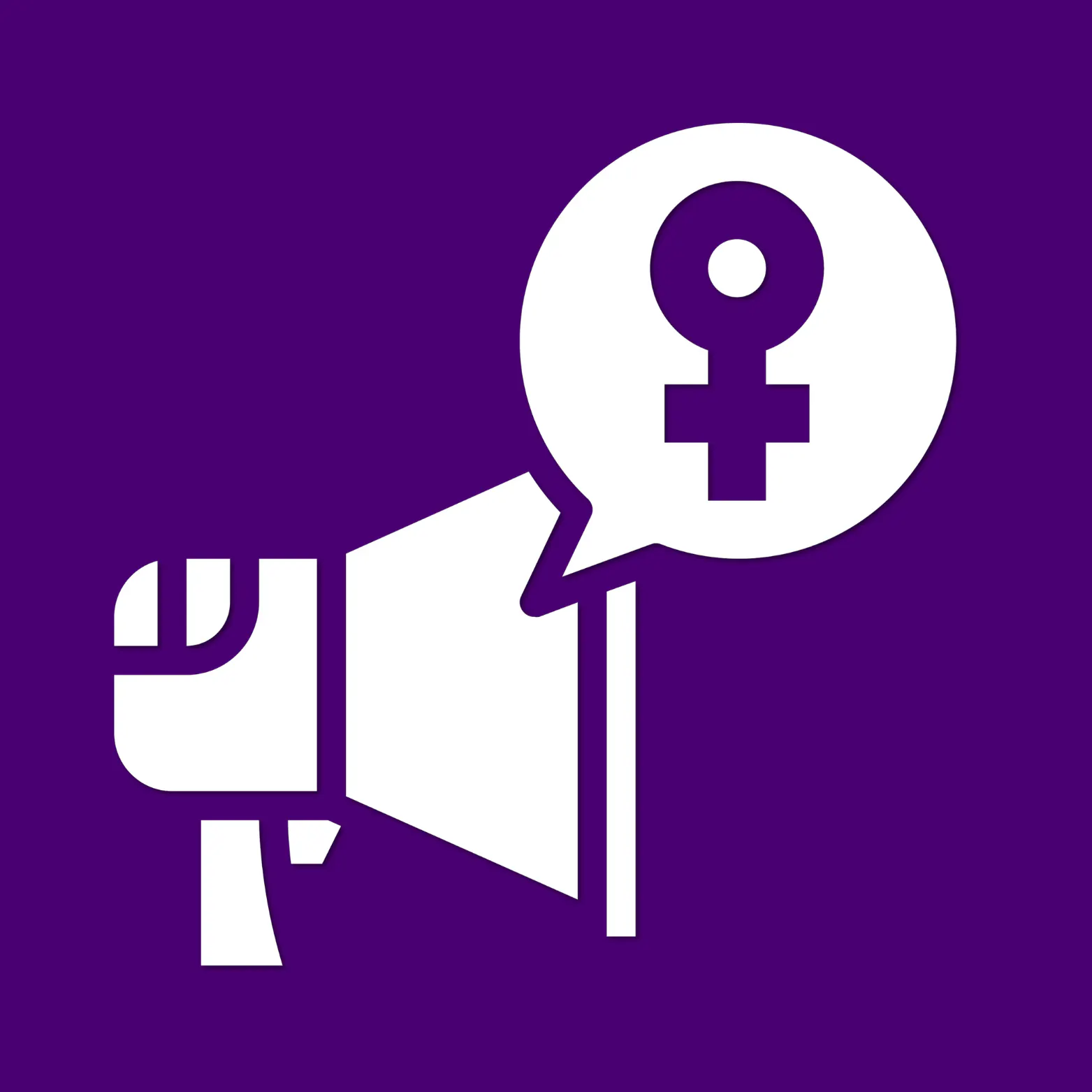 White megaphone icon with a speech bubble containing a female symbol, on a purple background.
