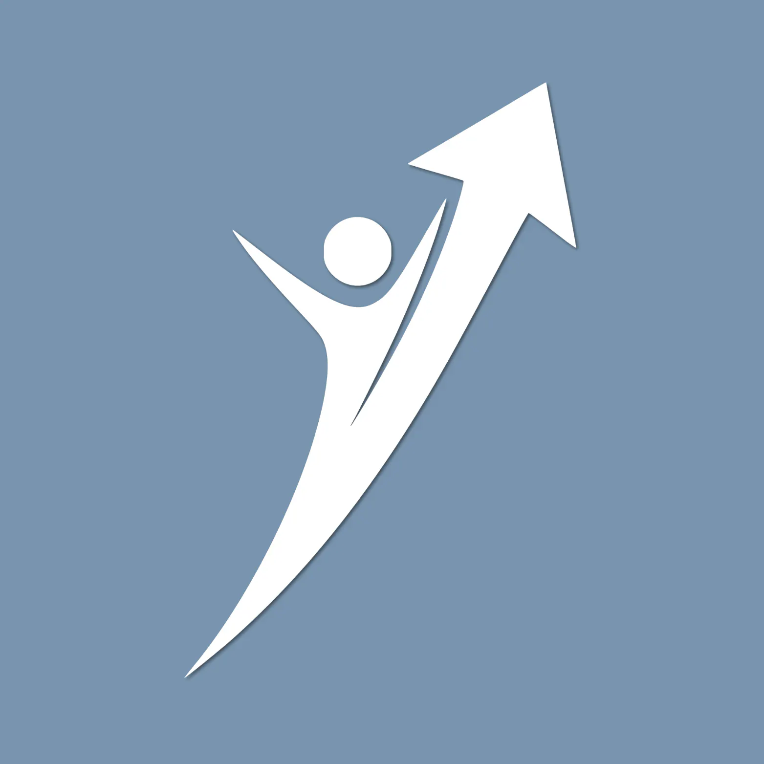White silhouette of a person reaching upward alongside a large arrow pointing up and to the right, on a slate blue background.