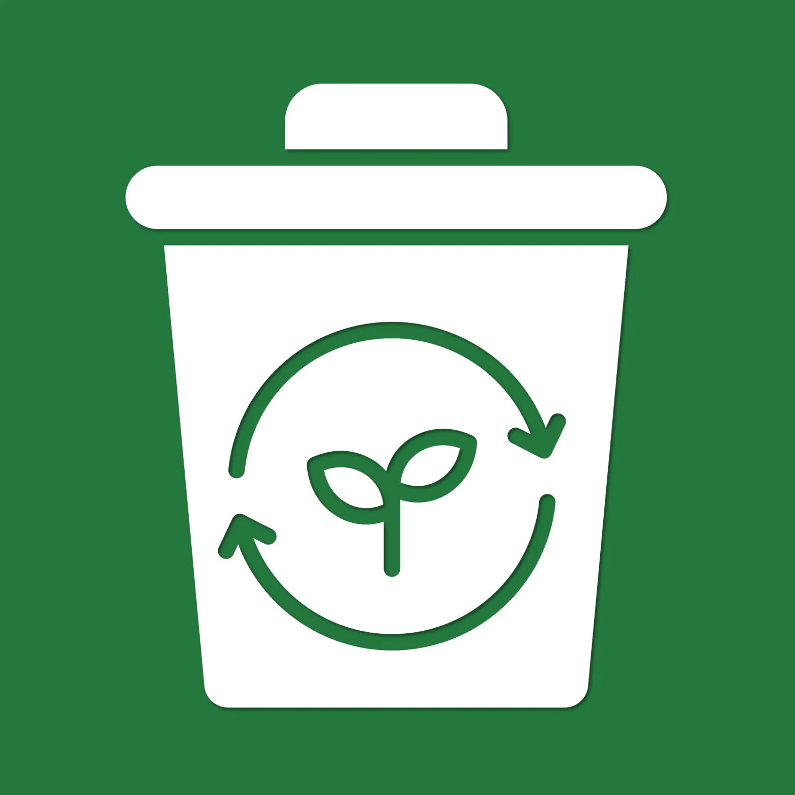 White compost bin icon on a dark green background, featuring a green circular recycling arrow and a sprouting plant symbol on the front.
