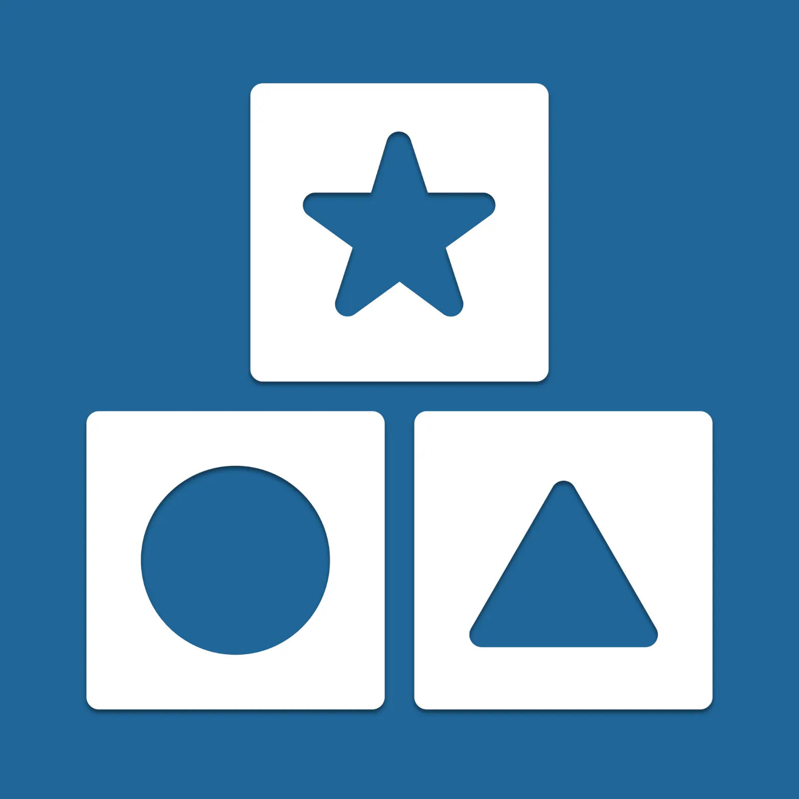 White icon of three play tiles (a star, circle, and triangle) on a dark blue background.
