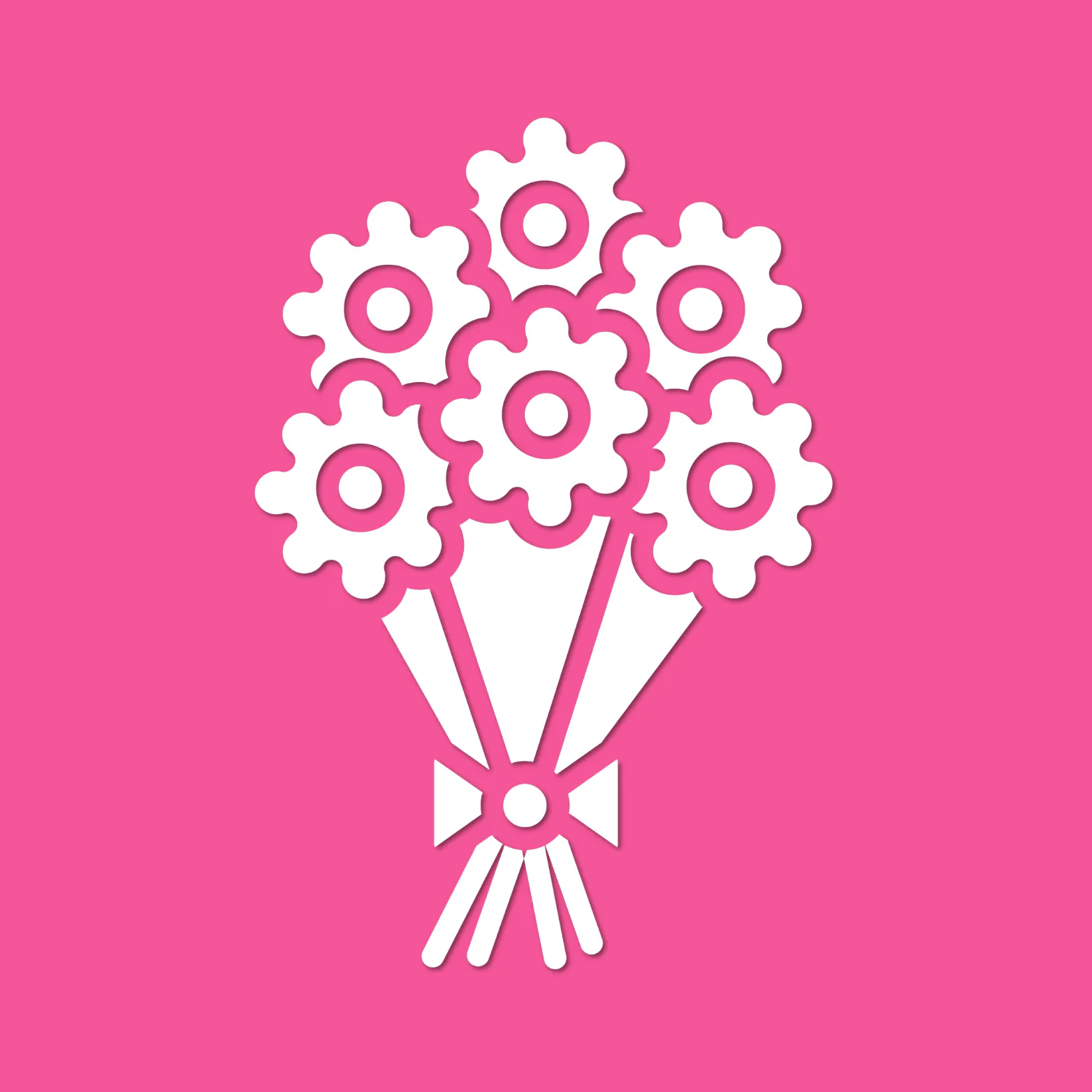 White bouquet icon on a bright pink background, with six gear-shaped flowers and a ribbon bow tied around the stems.