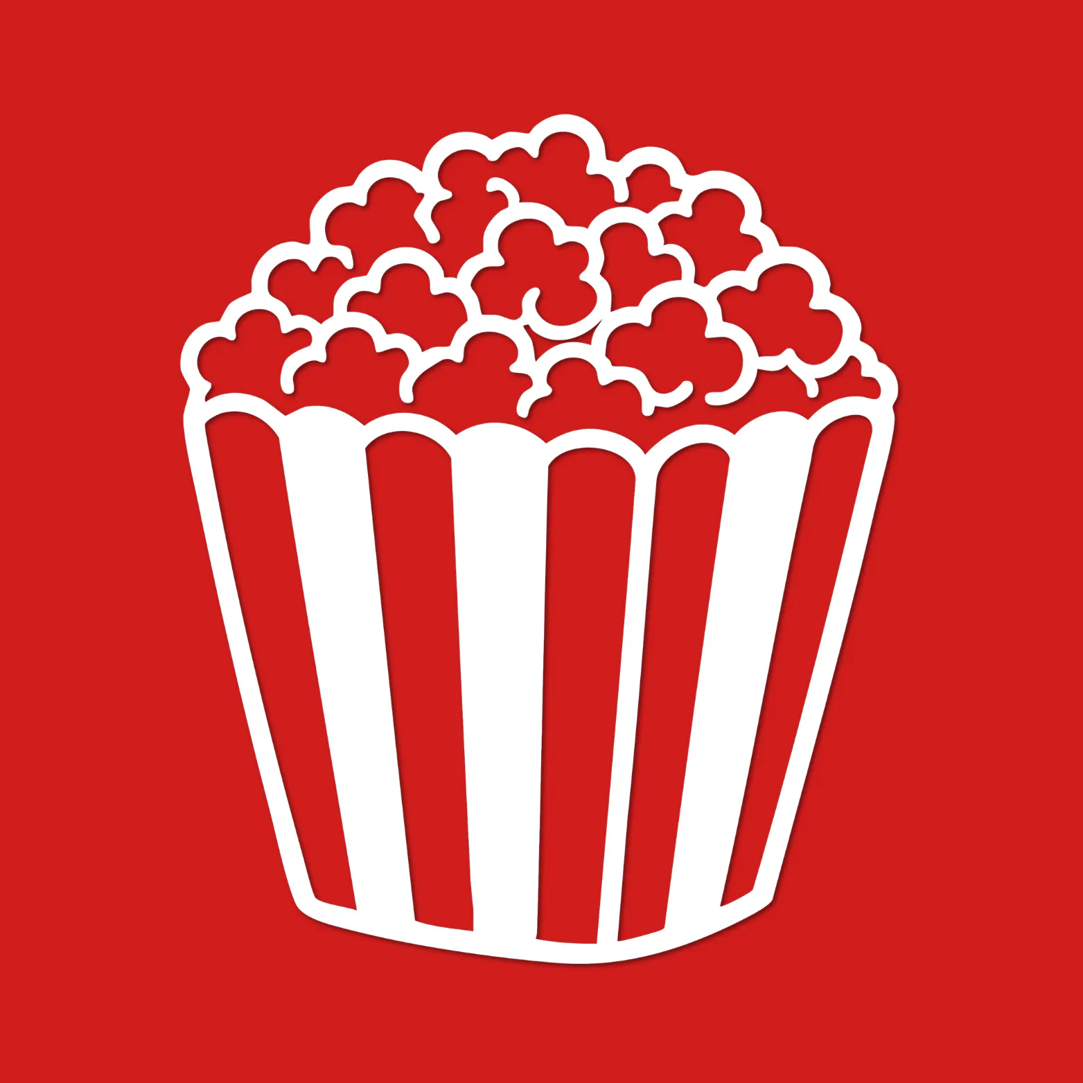 White popcorn in a red-and-white striped popcorn bucket, on a solid red background.