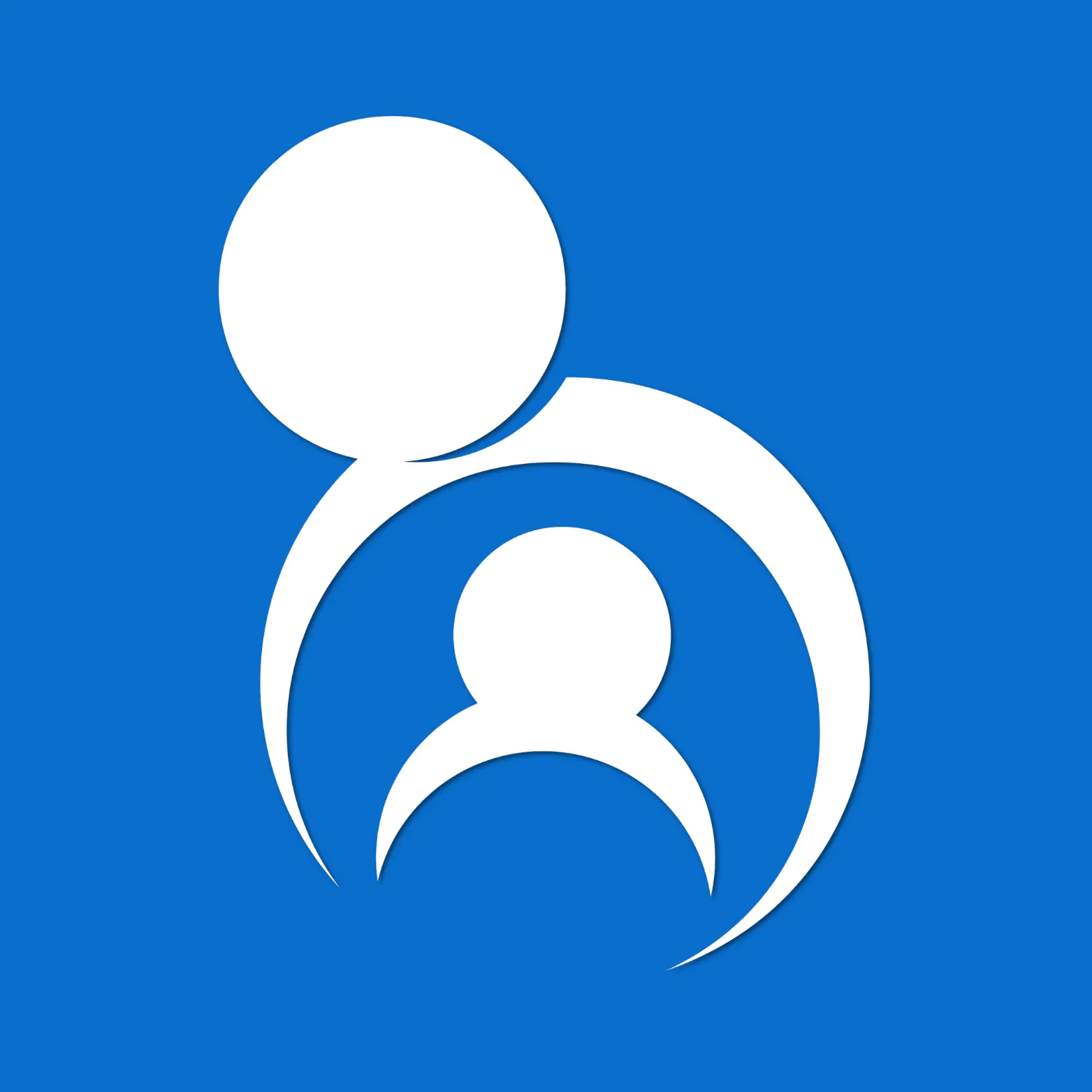 White icon of an adult embracing a child within a circular shape, on a blue background.