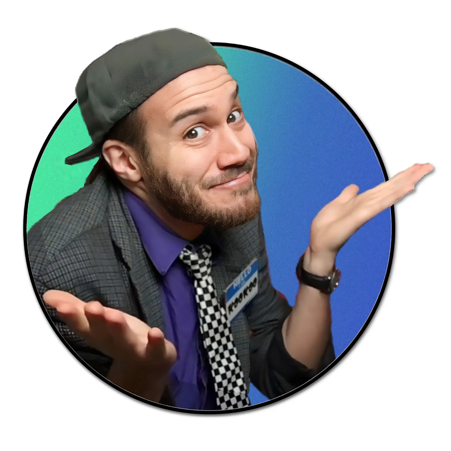 Smiling man in a backward black cap, gray jacket, purple shirt, and checkered tie, shrugging with both hands against a blue-green circular background.