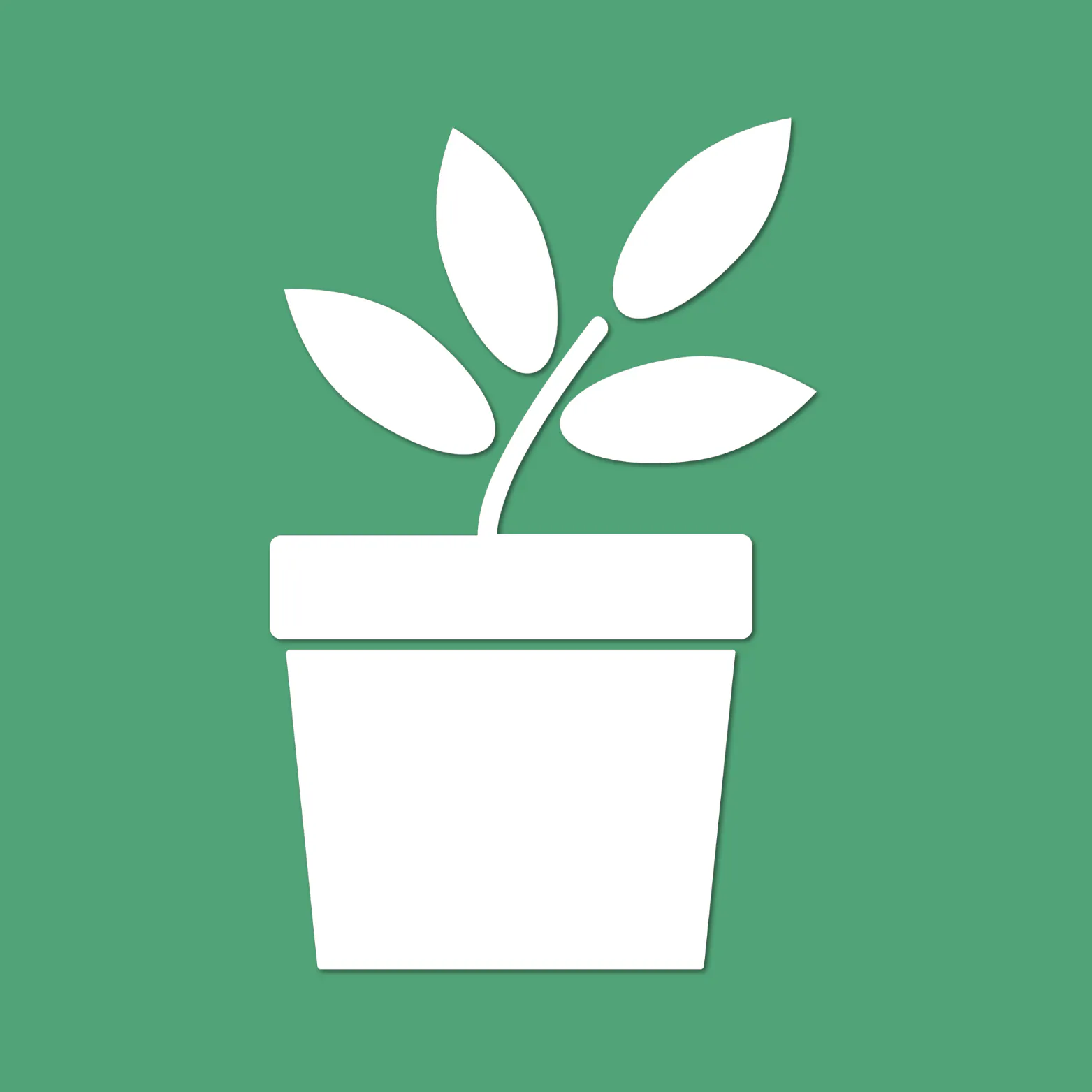 White icon of a potted plant with four leaves, on a green background.