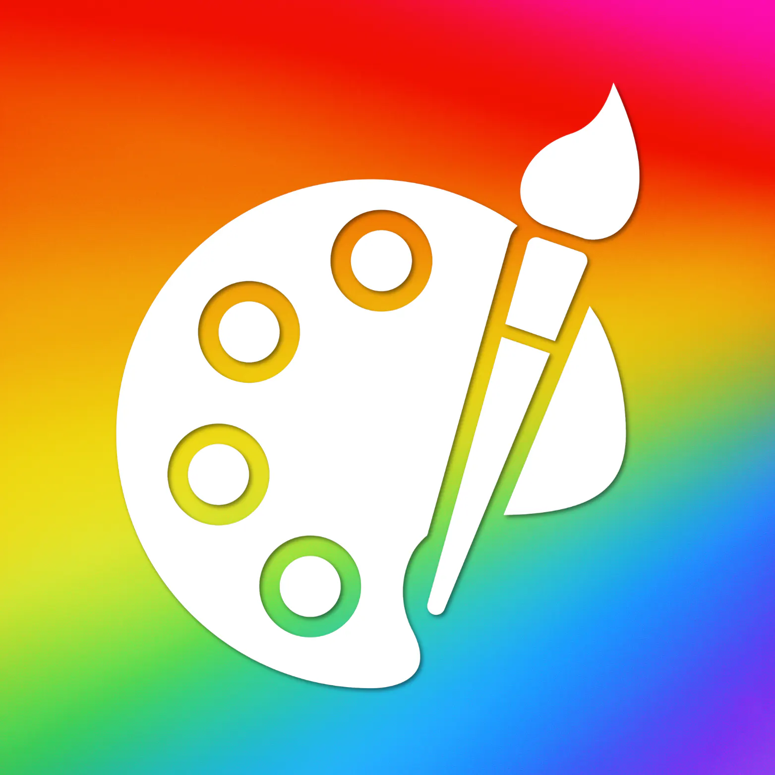 White icon of a paint palette and paintbrush, on a rainbow gradient background.